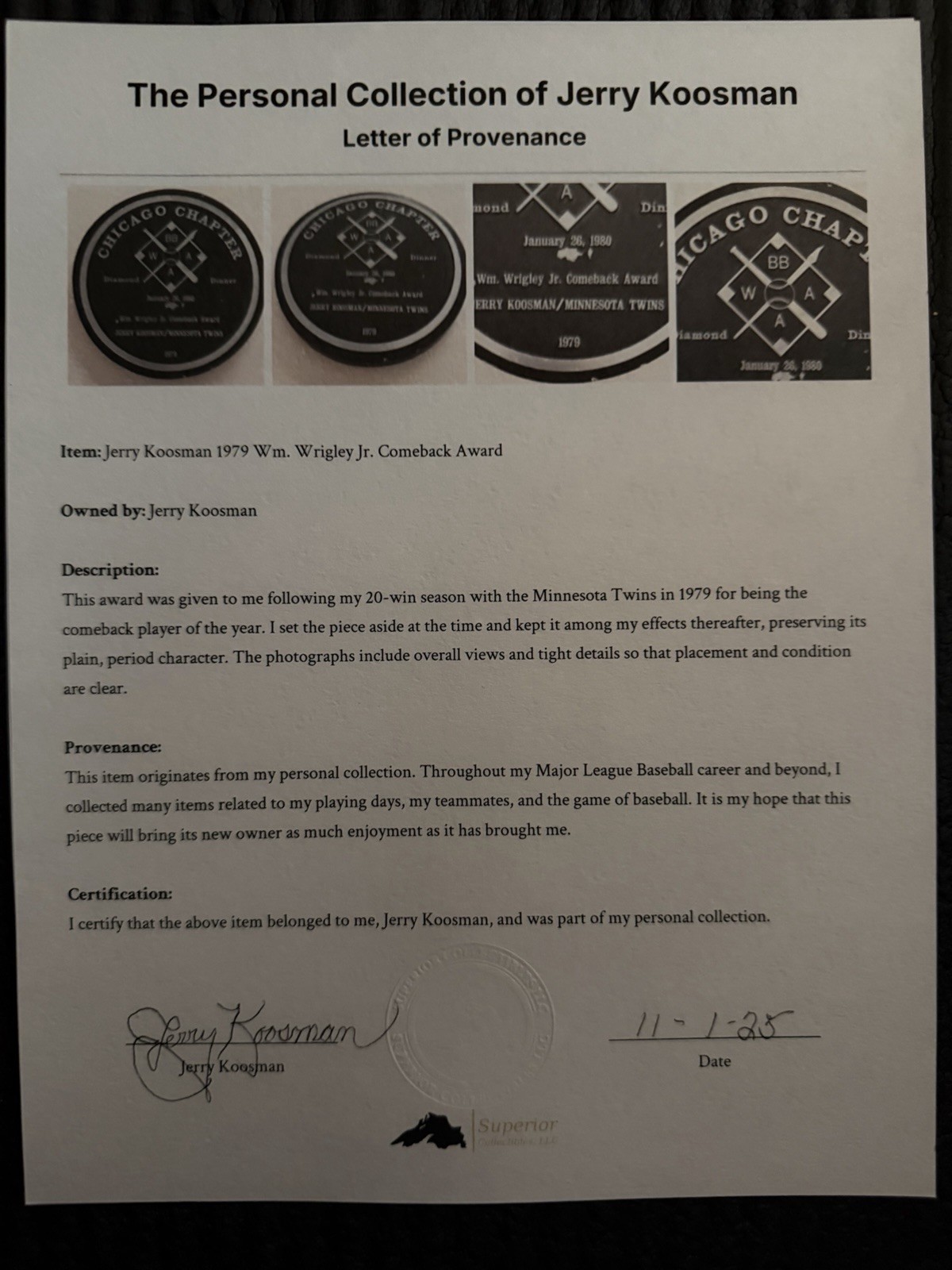 Jerry Koosman Personal Collection: 1979 Comeback Player of the Year Award w/ LOP