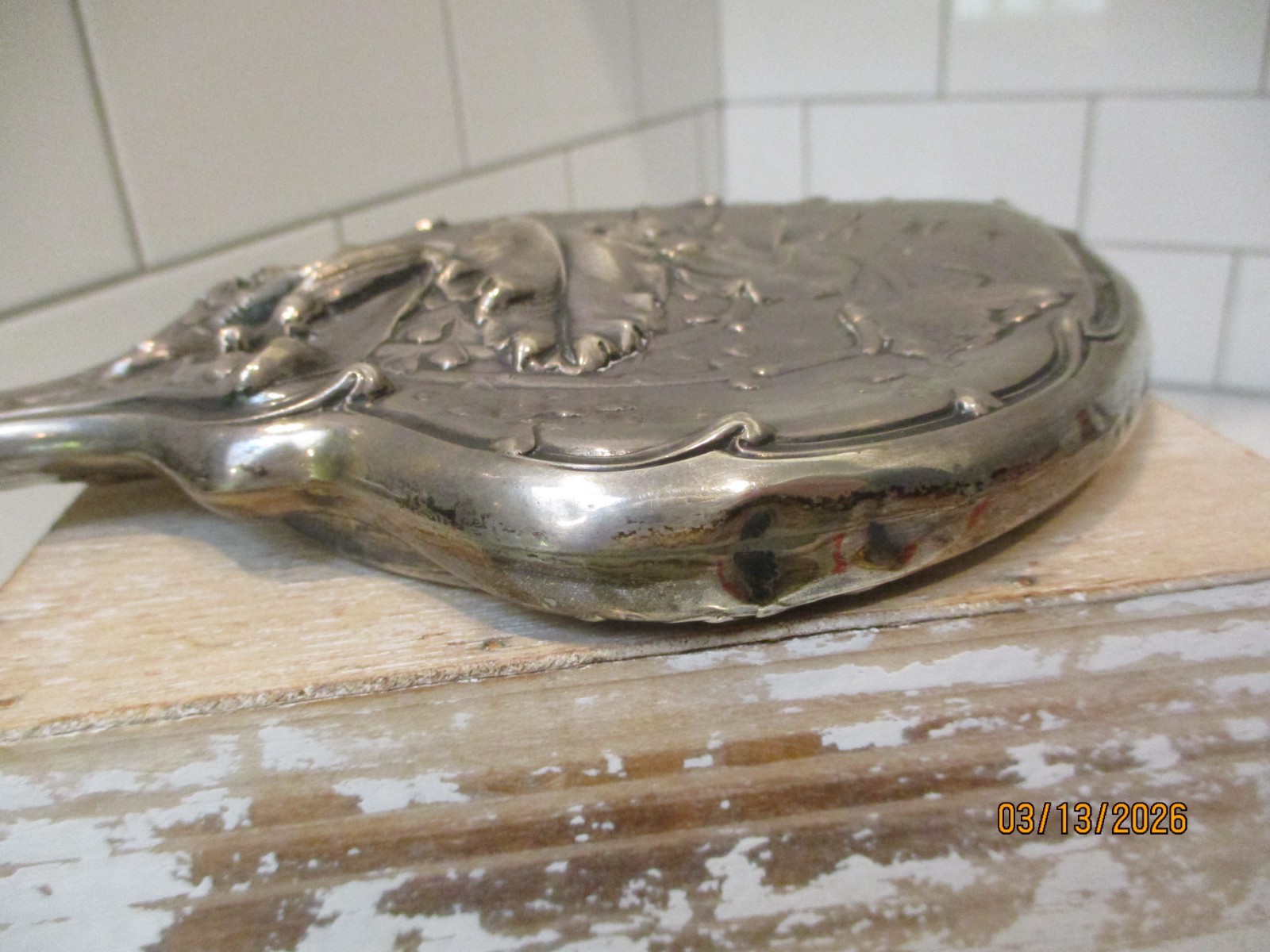 Antique Art Nouveau Sterling Silver Hand Mirror Embossed Flowers & Butterfly