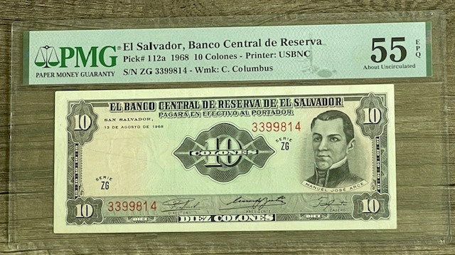 EL SALVADOR 1968 10 COLONES PMG 55 EPQ SERIE ZG VERY SCARCE PRINTED BY USBNC