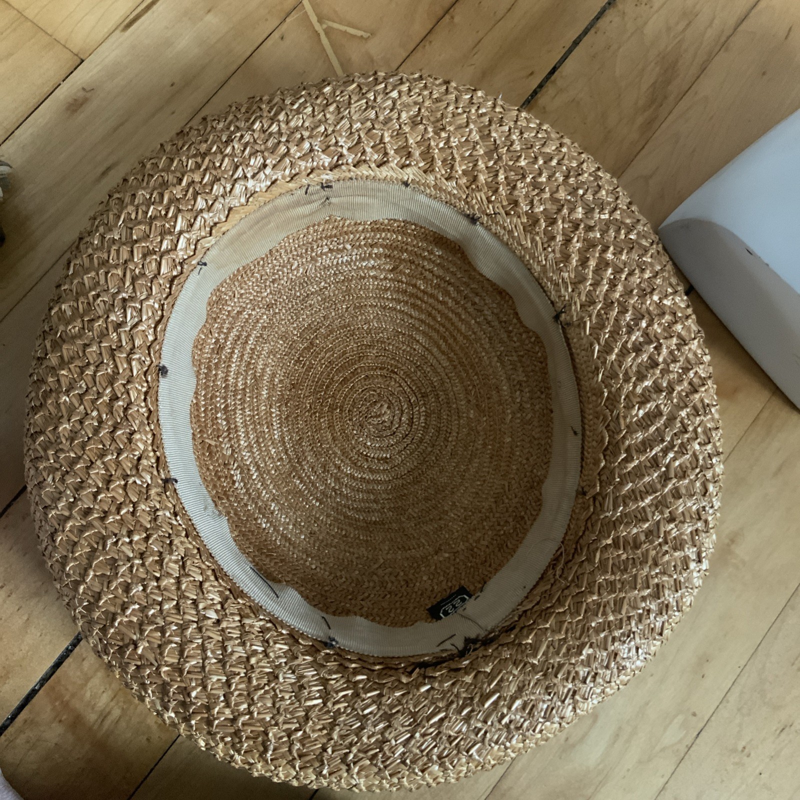 STRAW BOATER SKIMMER HAT BROWN RIBBON BOW VINTAGE WOMENS SIZE 22 ROLLED BRIM