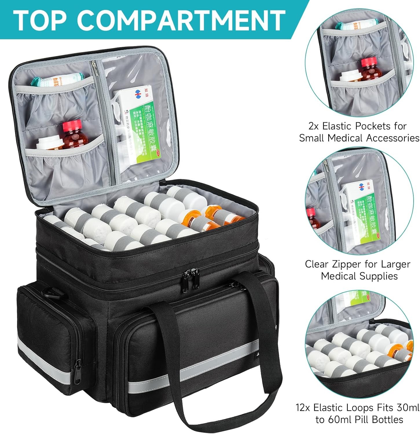Large Pill Bottle Organizer, Double Layers Medicine Storage 2 LAYERS, BLACK