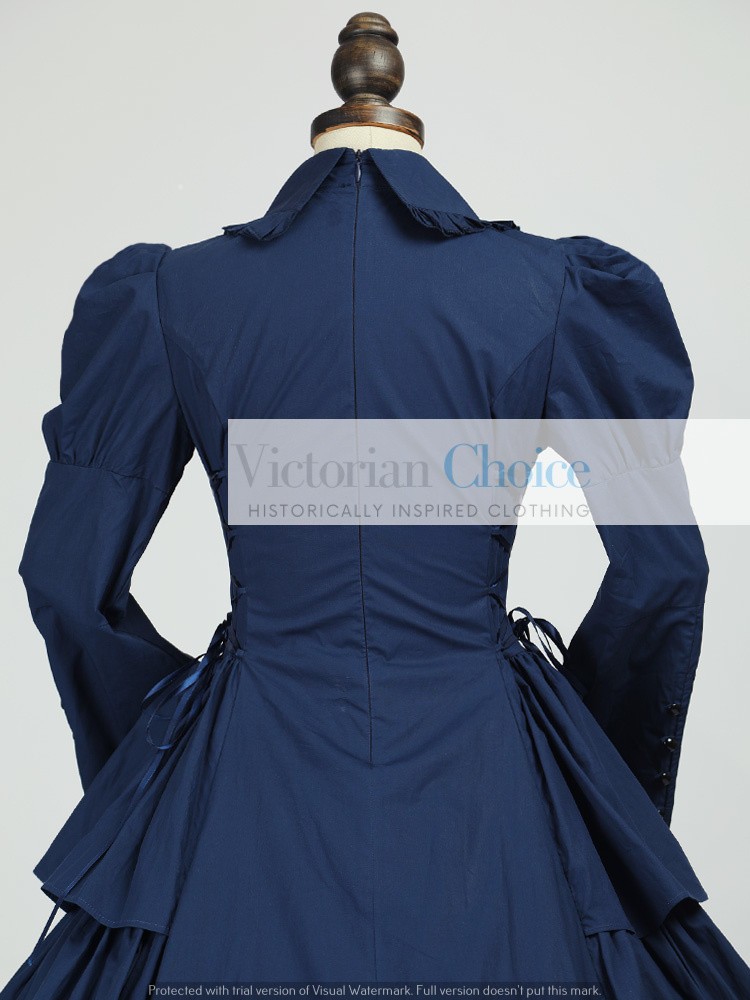 Blue Victorian Gothic Maid Mourning Dress Steampunk Witch Halloween Costume 007