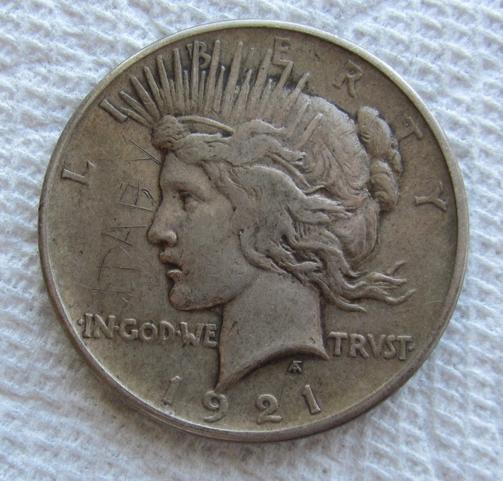 1921 Peace Silver Dollar Early Rare Key Date High Relief XF Graffiti Obverse