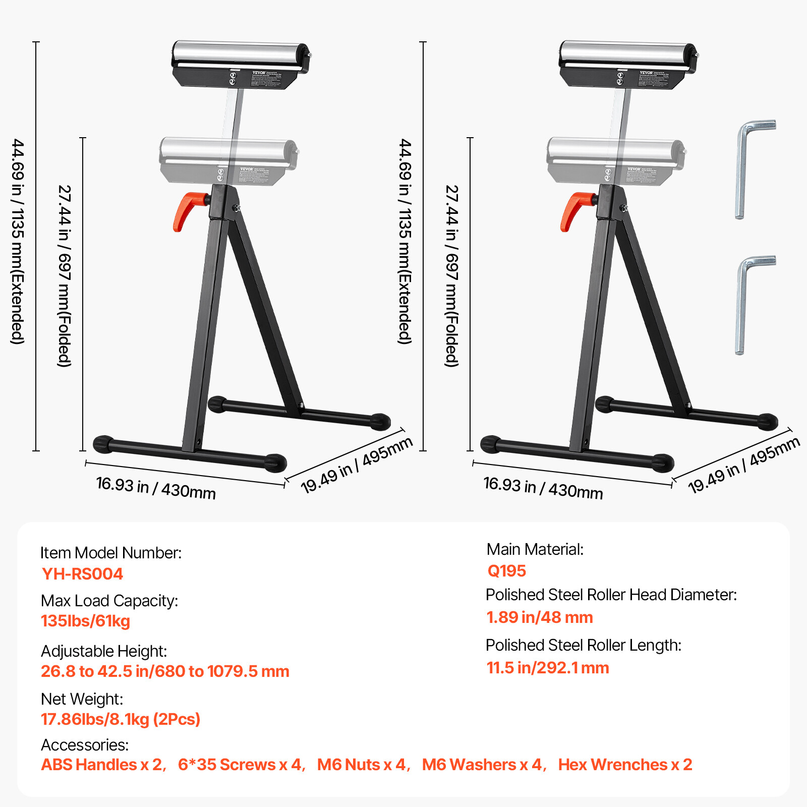 2 PCs Folding Woodworking Roller Stands Max Load 135 lb Adjustable 26.8-42.5 in