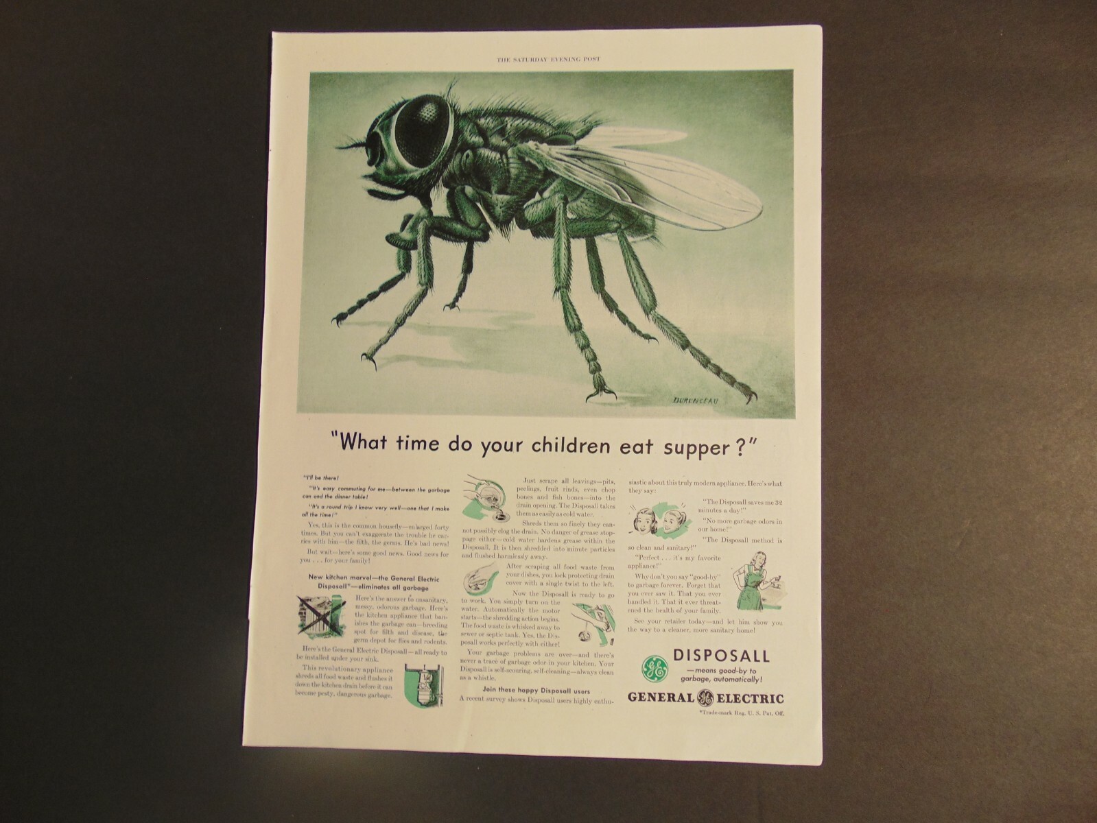 1948 GENERAL ELECTRIC LARGE FLY GARBAGE DISPOSAL vintage art print ad