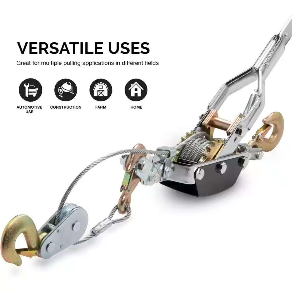 5-Ton Come along Winch, 10,000 Lbs. Pulling Capacity, 10 Ft. Cable, 3-Hooks, Dua