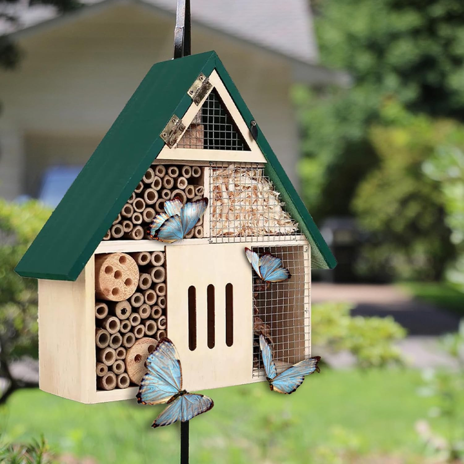 Bee House Hanging Insect Hotel – Natural Wooden Bee Hotel for Outdoors, DIY Inse