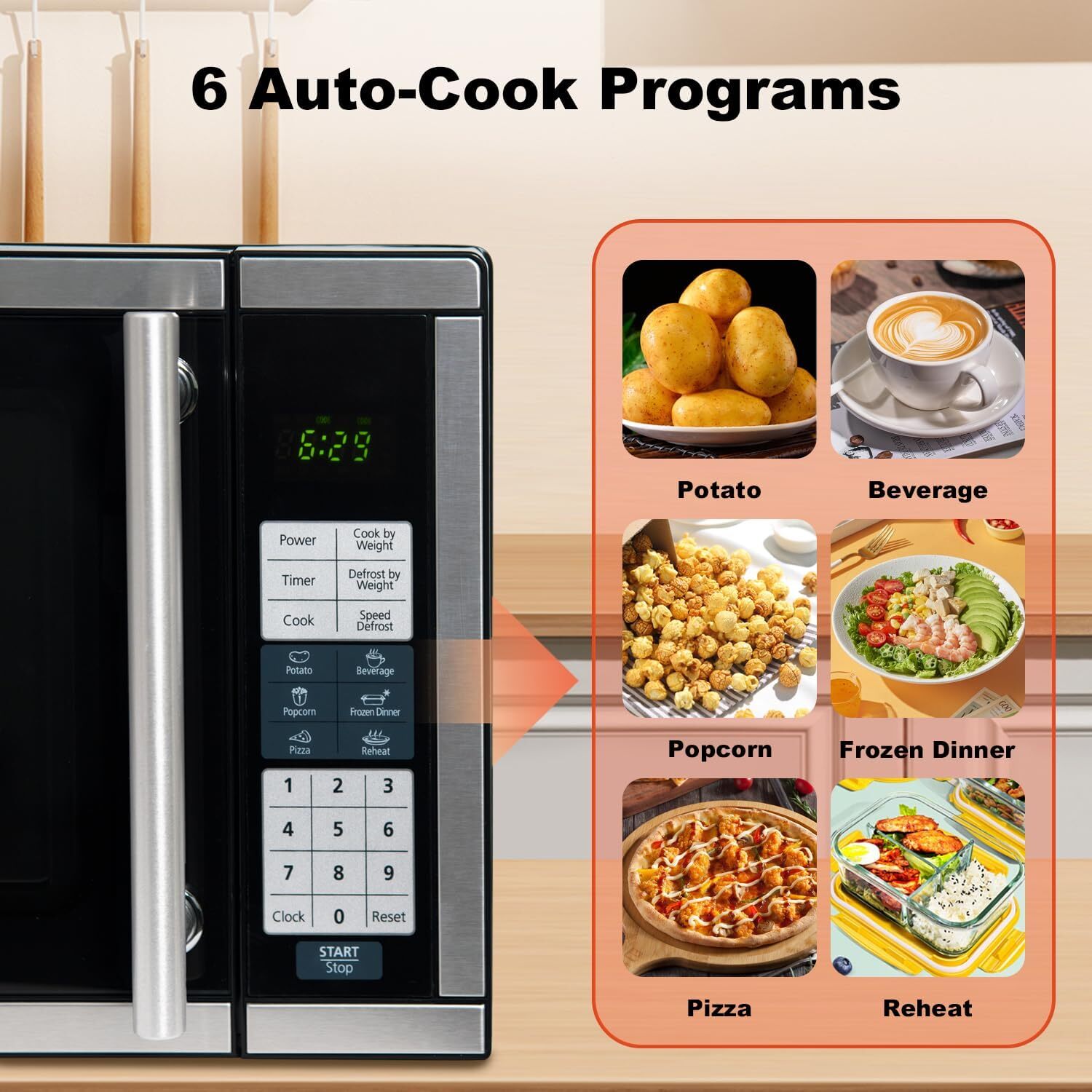 Countertop Microwave Oven 700W 10 Power Levels 6 Auto Menus Child Safety Lock