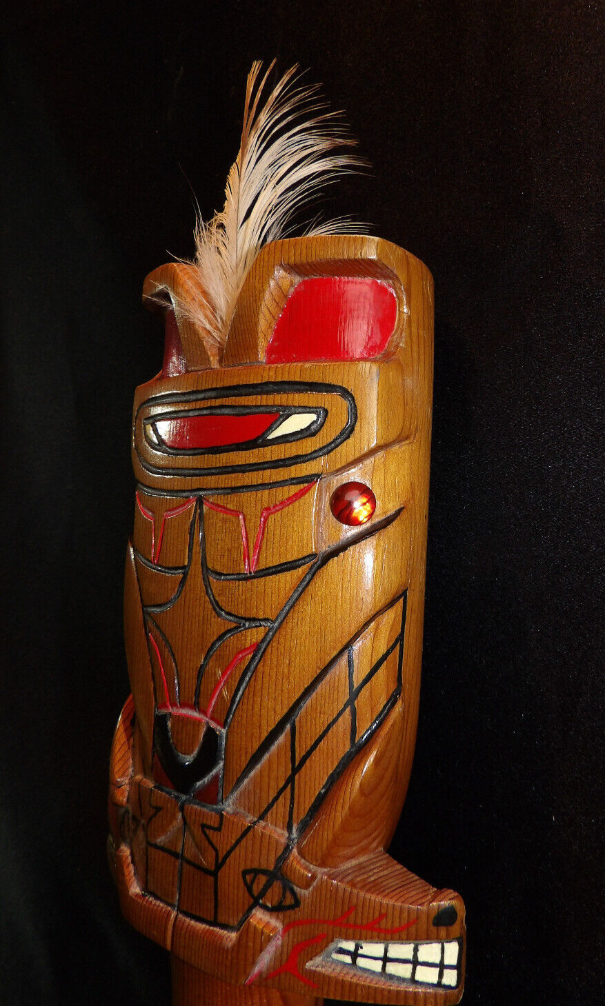 NW Coast Native American Hand Carved Cedar Rattle Wolf Shaman