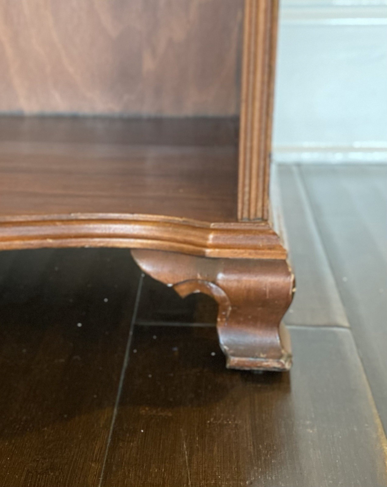 Wabash Antique Wooden Bookcase 3 Shelves Carved Details Brass Handles