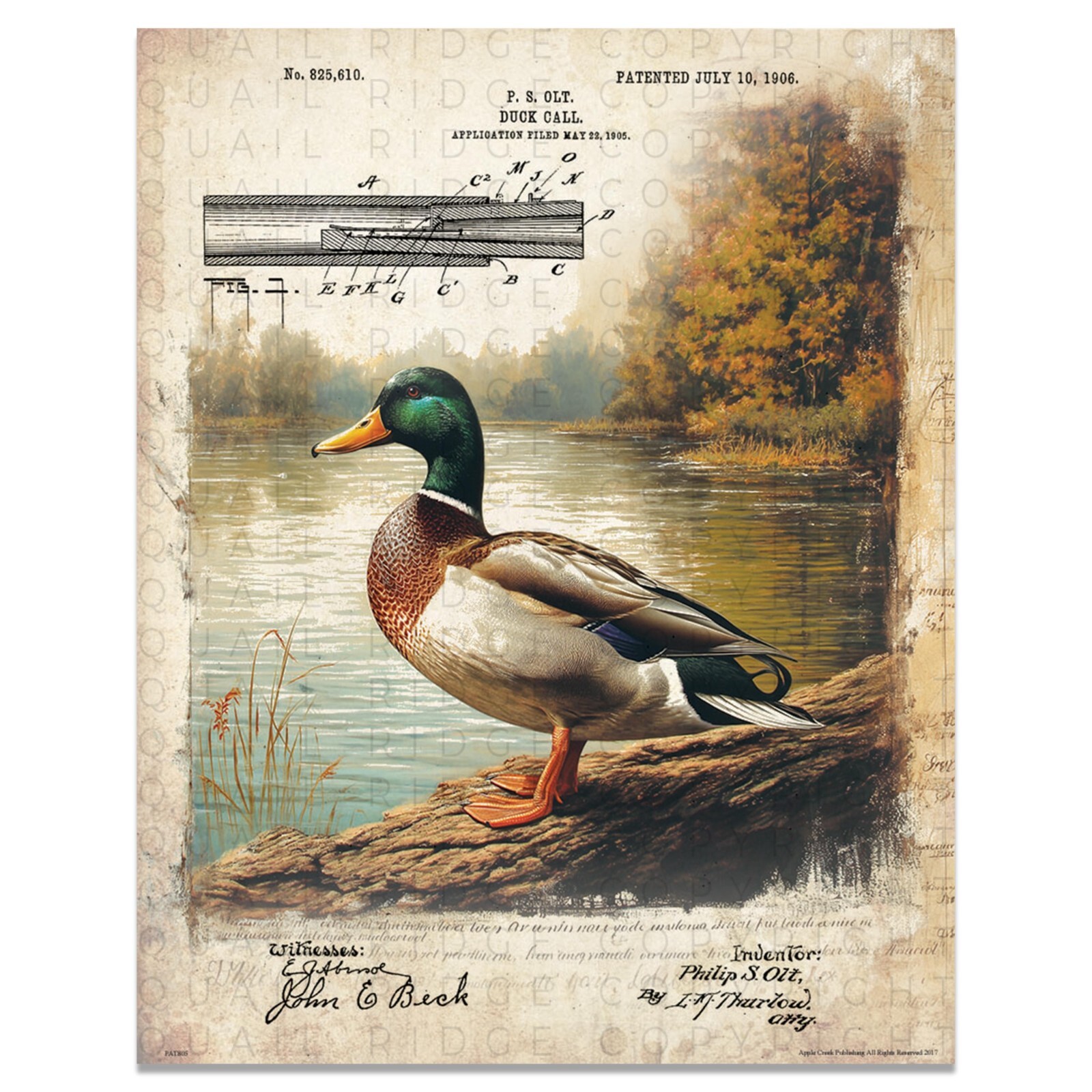Vintage Duck Hunting Call Patent Art Print Mallard Duck Decoy Cabin Wall Decor