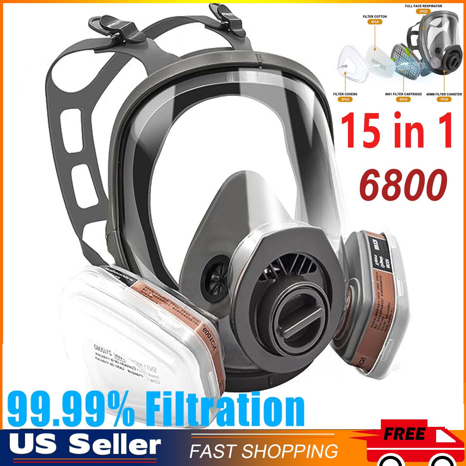 15 IN 1 Gas Mask Full Face Respirator Paint Spray Chemical Facepiece Safety 6800