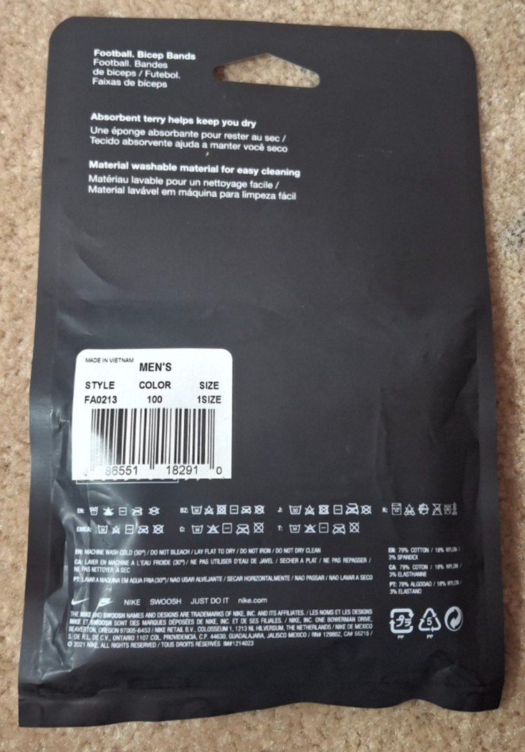 NIKE FOOTBALL TERRY BICEP BANDS, WHITE, NEW, OSFM, BLANK NO LOGO