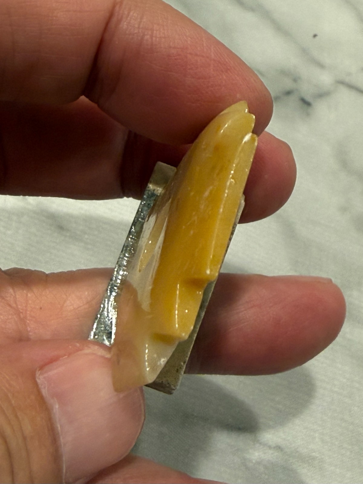 Vintage Small Yellow Stone Carving Chakana Inca Cross on Stand