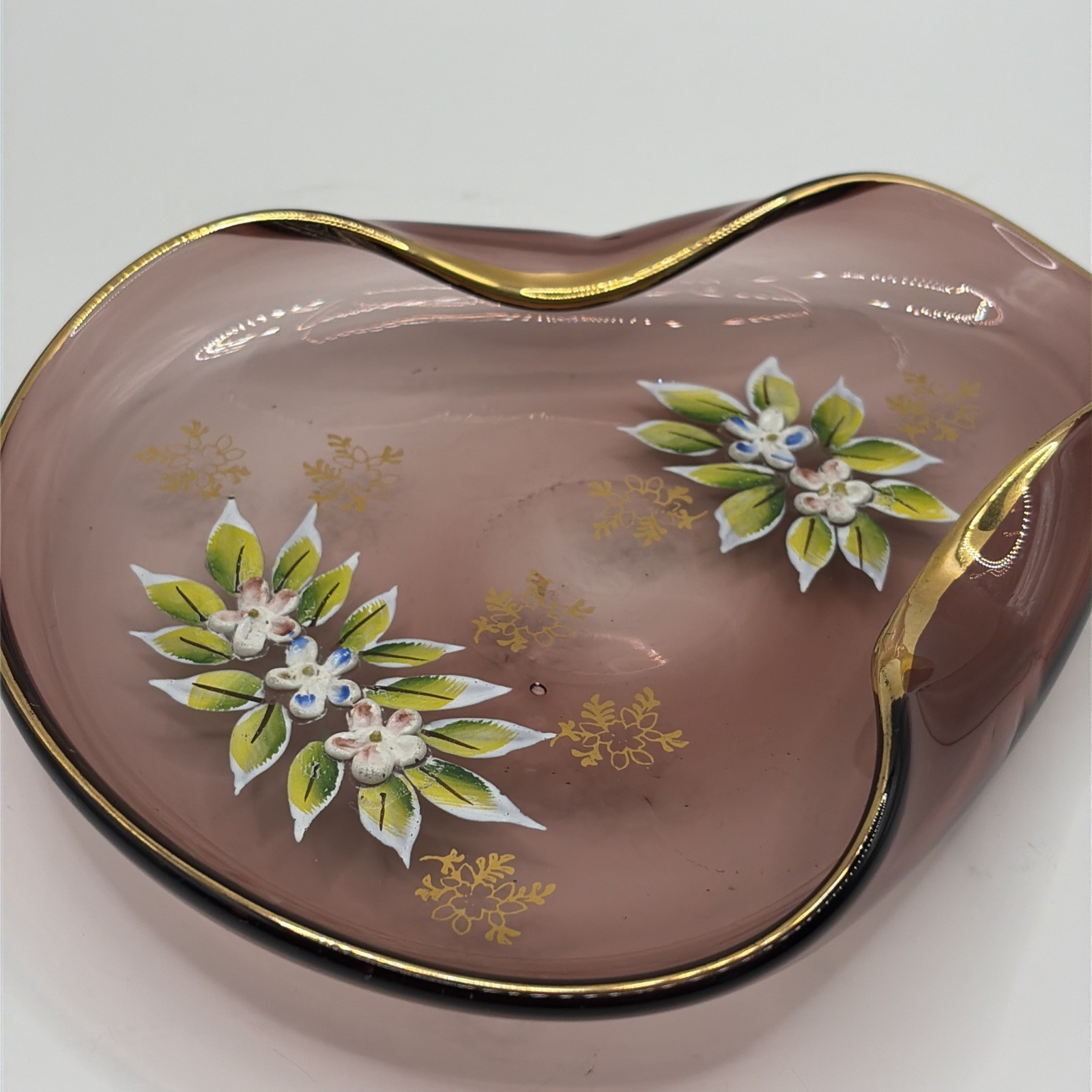 Vtg Bohemian Amethyst Glass Enamel Flower Dish Gilded Edge 6”x 1” Painted