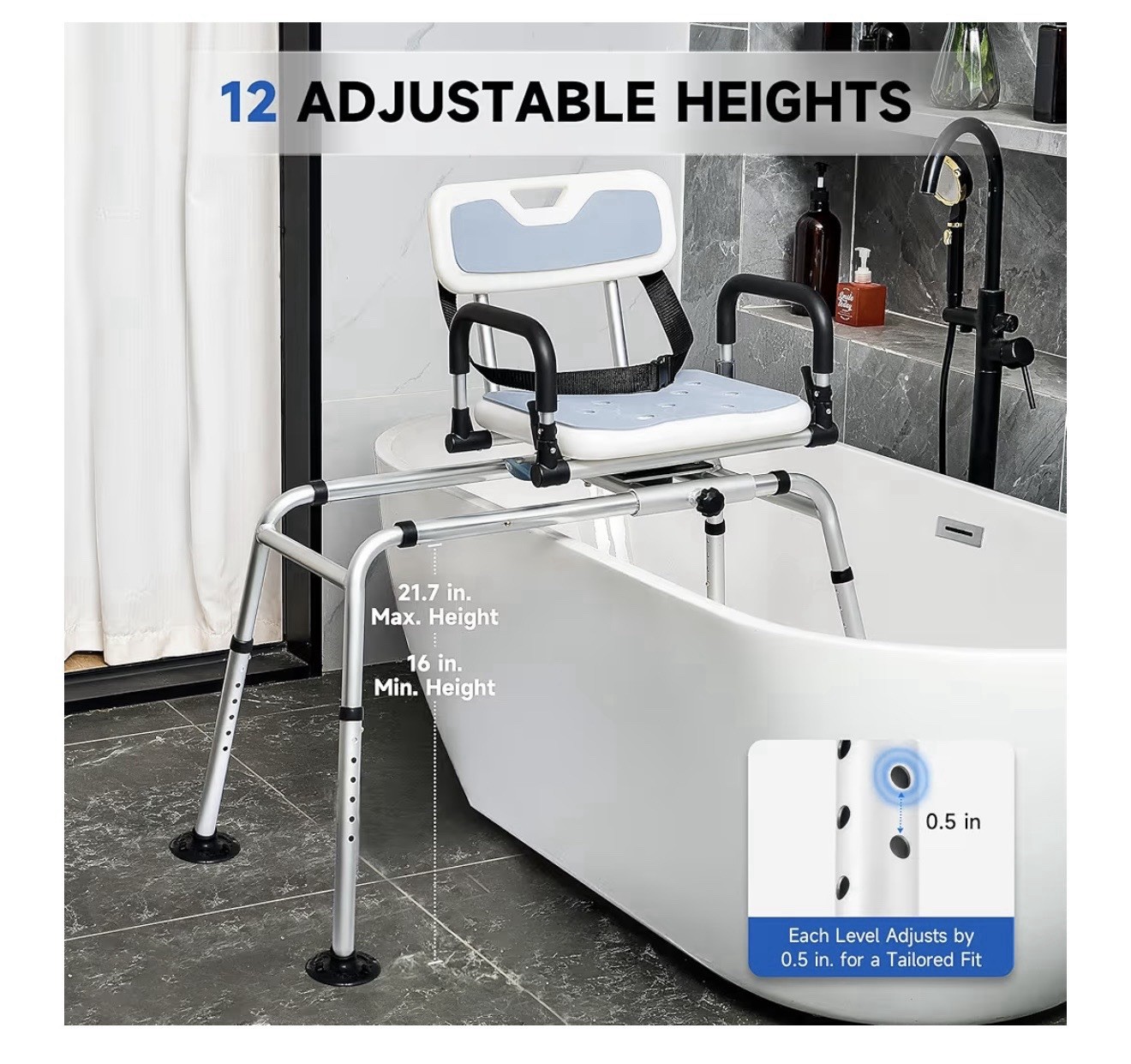CO-ZSliding Shower Chair with 360° Swivel Seat 12Level Tub Transfer Bench with