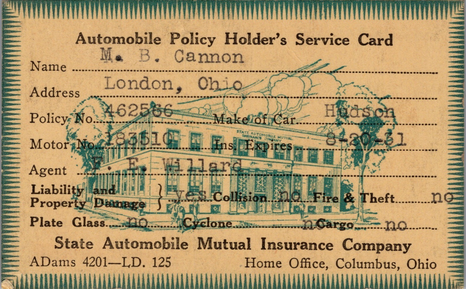 1931 London, Ohio M.B. Cannon (Cigars) Car Insurance & Registration Certificate