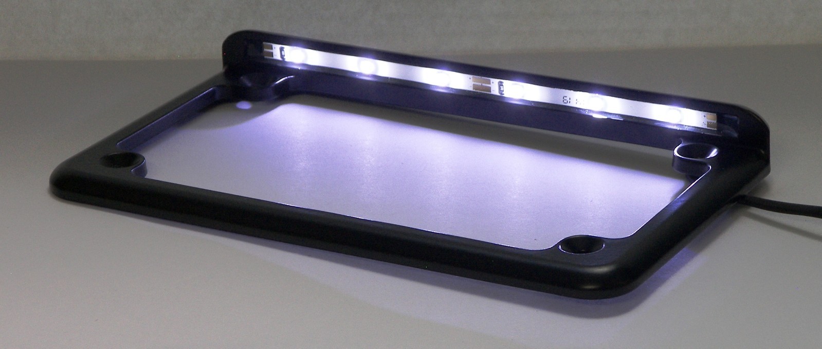 Horizontal Mount LED Motorcycle License Plate Frame in Black Powder Coat Finish