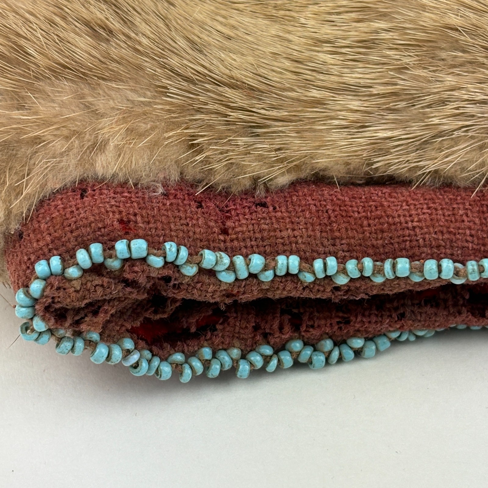 Antique Plains Indian Beaver Fur Hat Beaded Trim Trade Wool Lining Silver 1880s