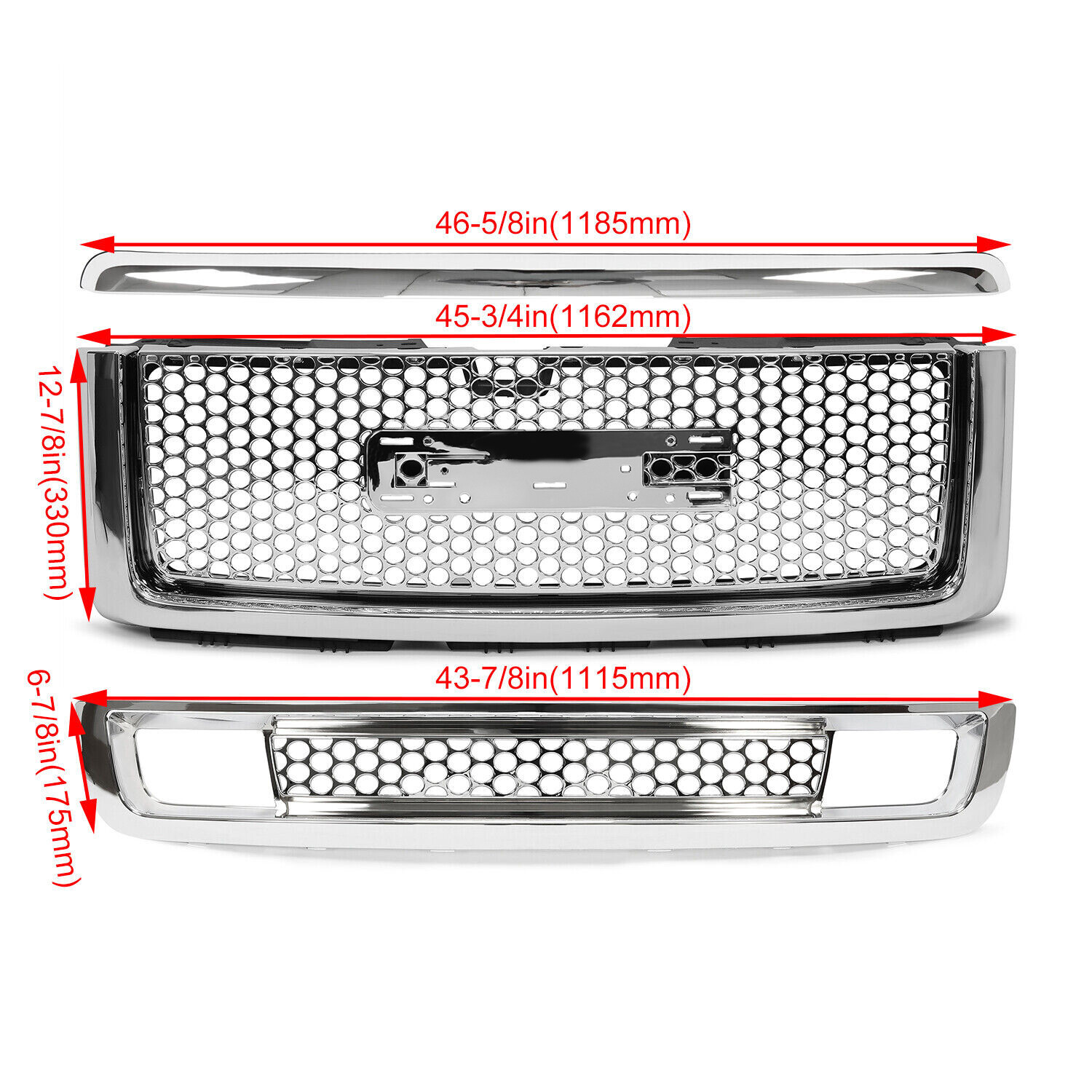 For 2007-13 GMC Sierra 1500 Denali Pickup Upper Lower Grille Hood Molding Chrome