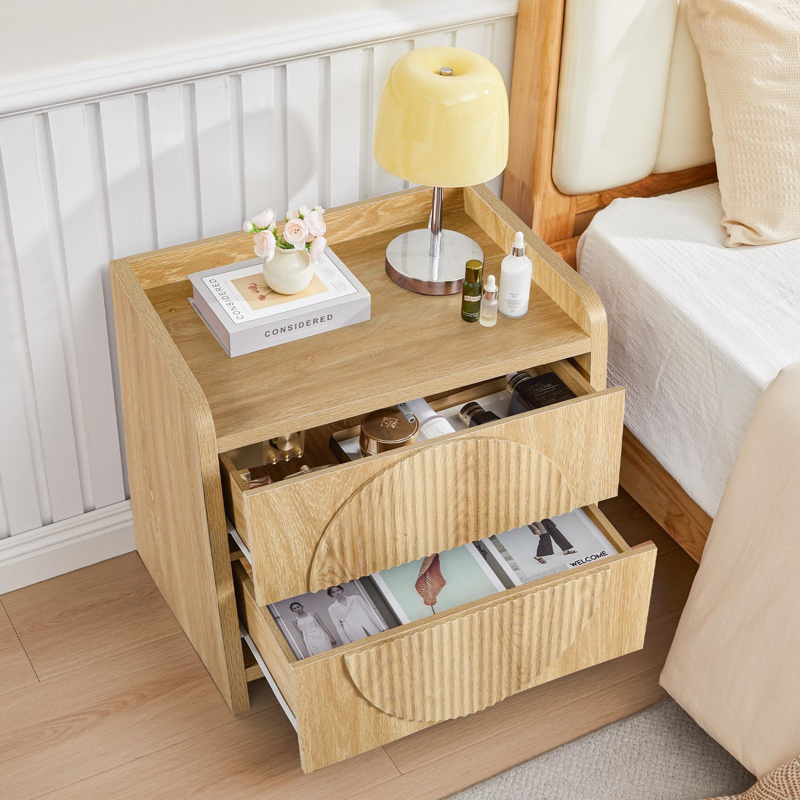 24 Inch Wide Fluted Nightstands Large Night Stand with 2 Drawers