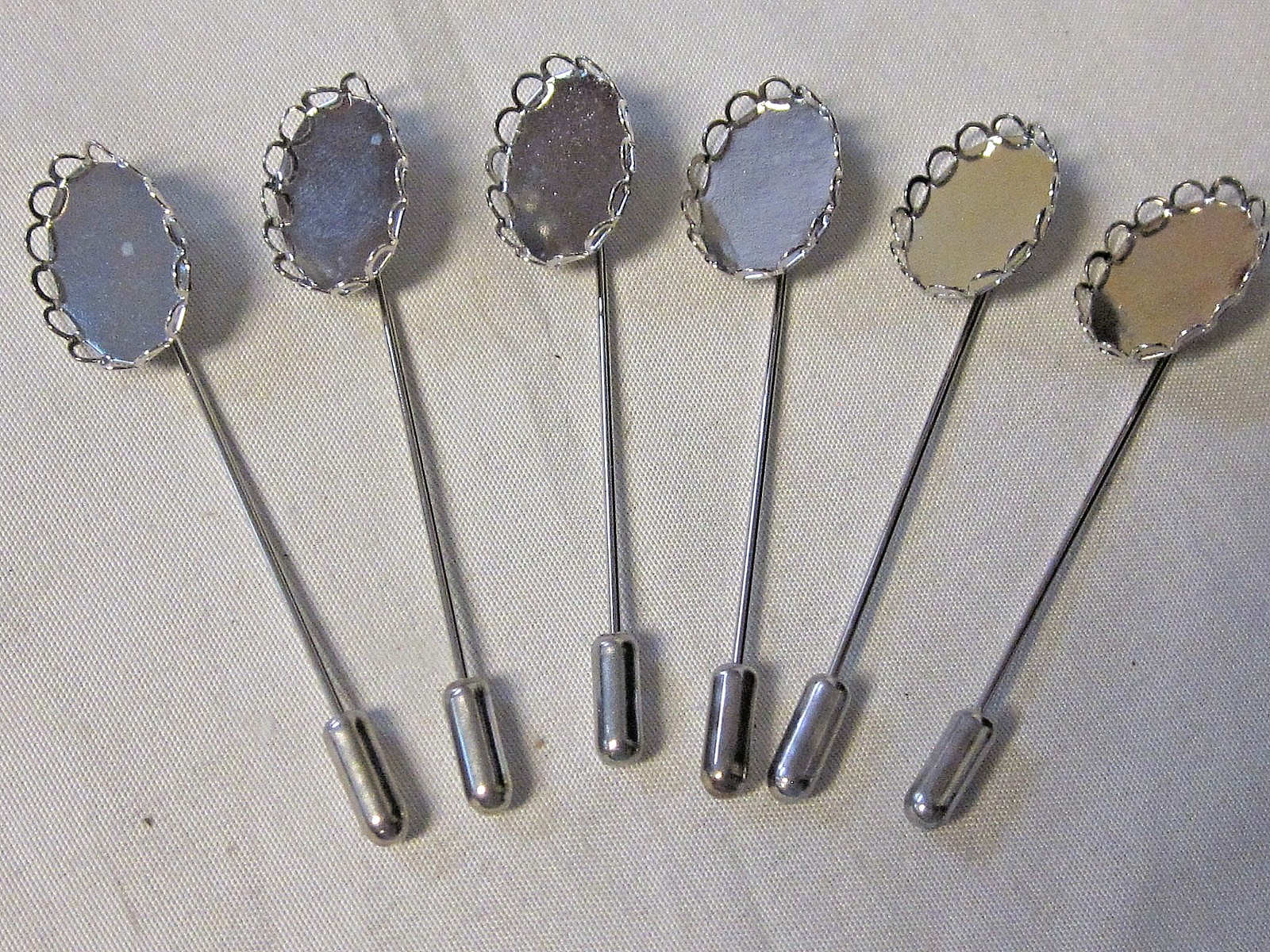 6 Bezel Stick Pins RHODIUM SILVER Plated 13X18mm Oval Cameo Settings w/ Clutches