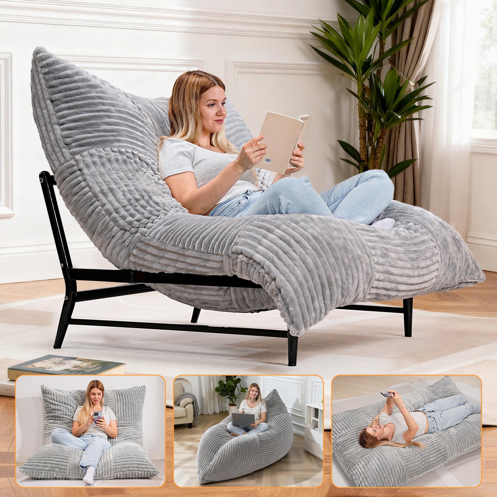 Bean Bag Chair Giant Lounge Chair with Metal Base for Living Room Lazy Sofa Bed