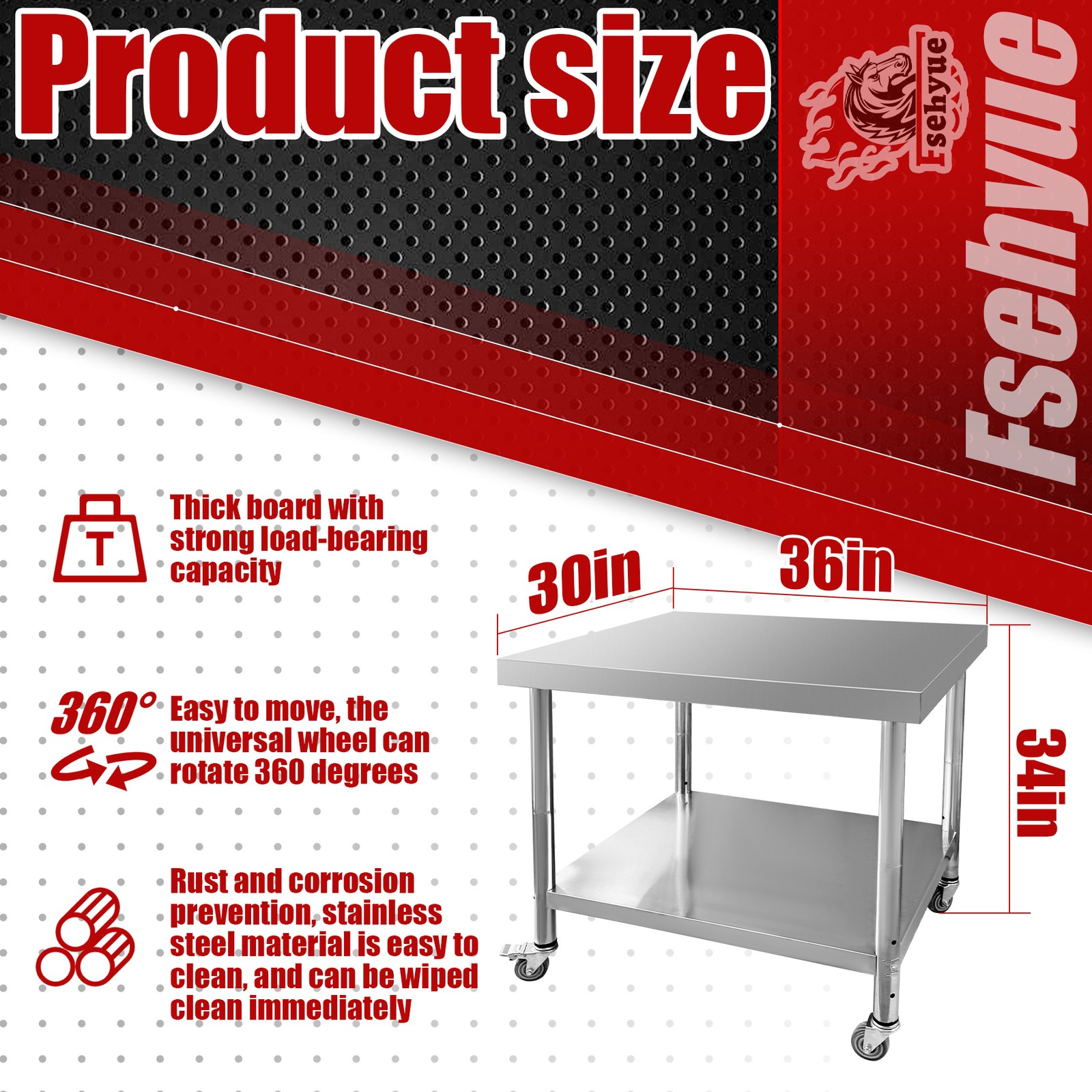 30x36x34 Inch Work Table 3-Stage Adjustable Shelf with 4 Wheels Stainless Steel