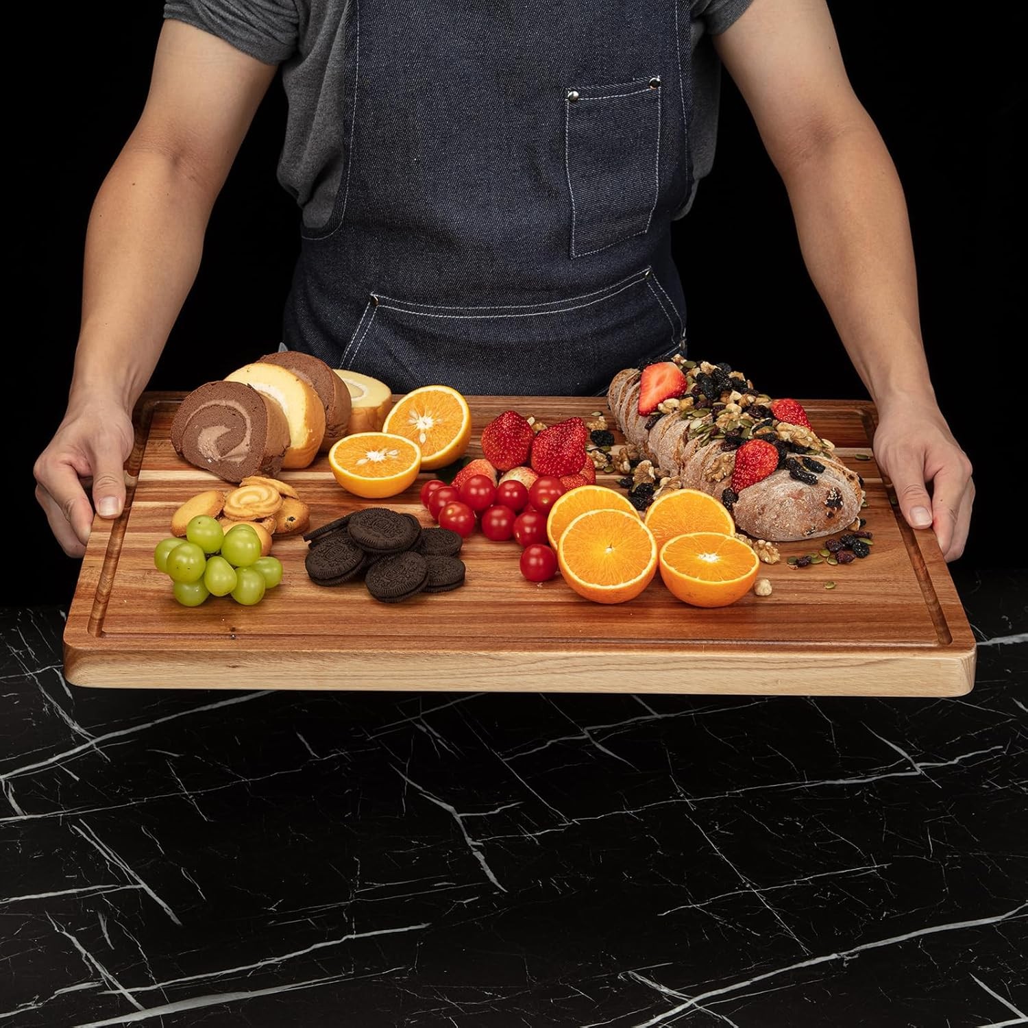 Extra Large Cutting Board Acacia Wood Cutting Board w/ Grip Handles Juice Groove