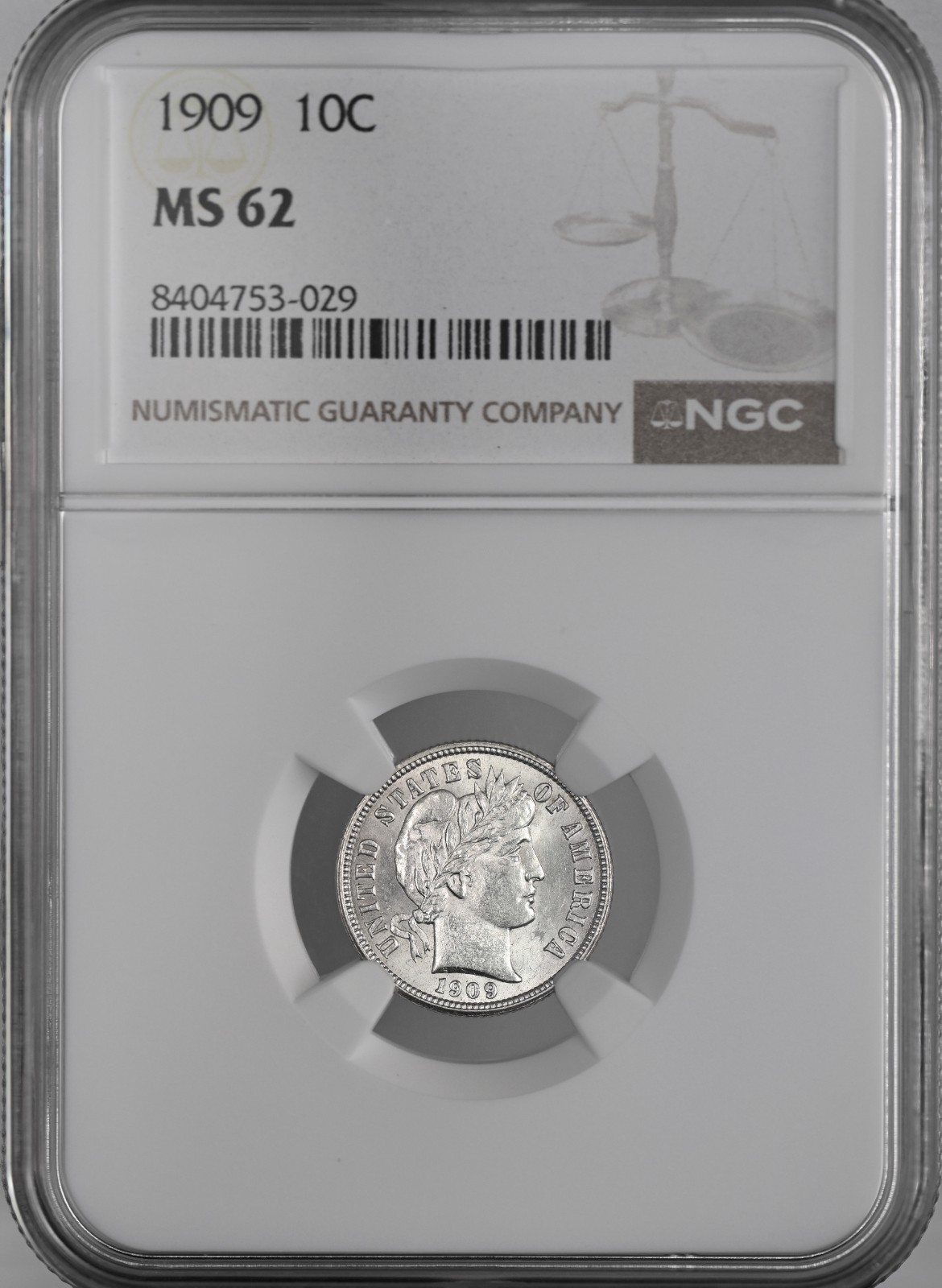 1909-P  10C  BARBER SILVER DIME  "PHILADELPHIA"  NGC MS62  #8404753-029