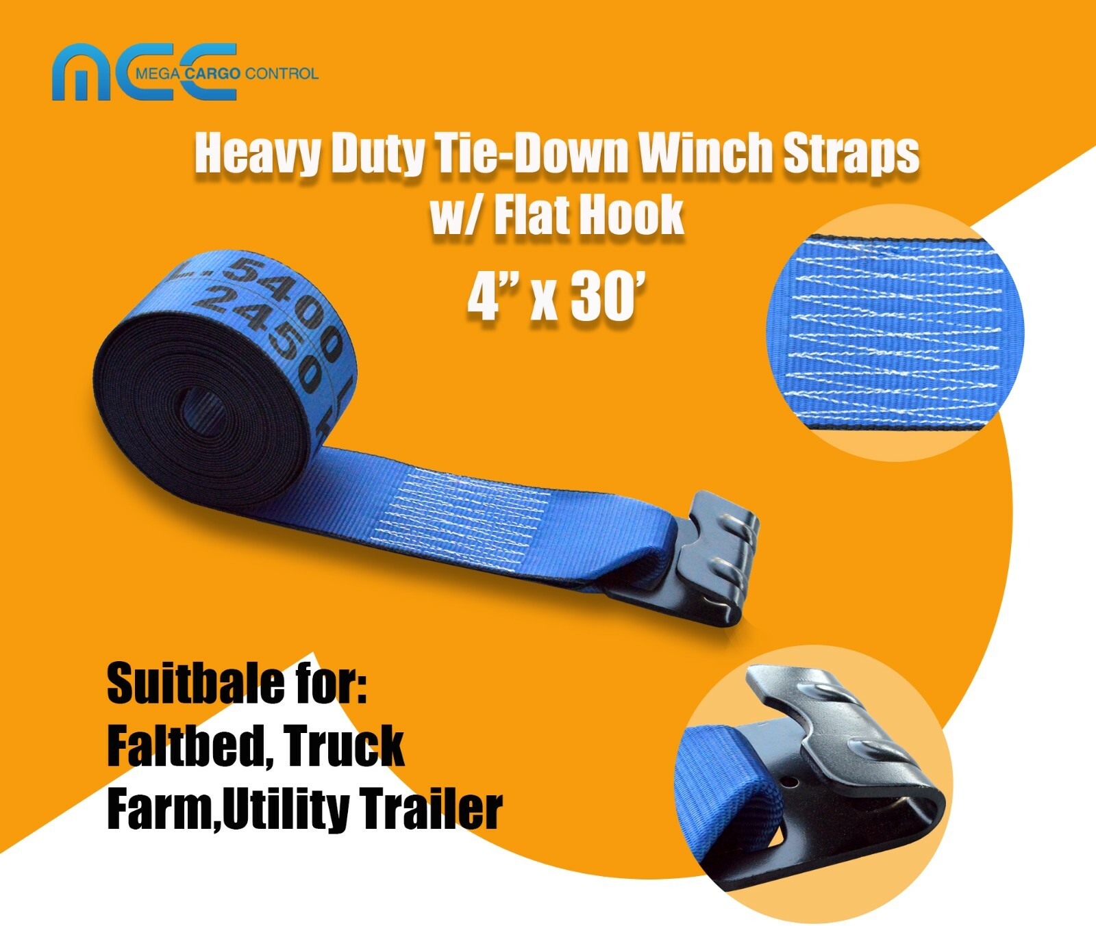 Heavy Duty 4" x 30' Winch Strap w/ Flat Hook Flatbed Truck Trailer Farm Tie Down