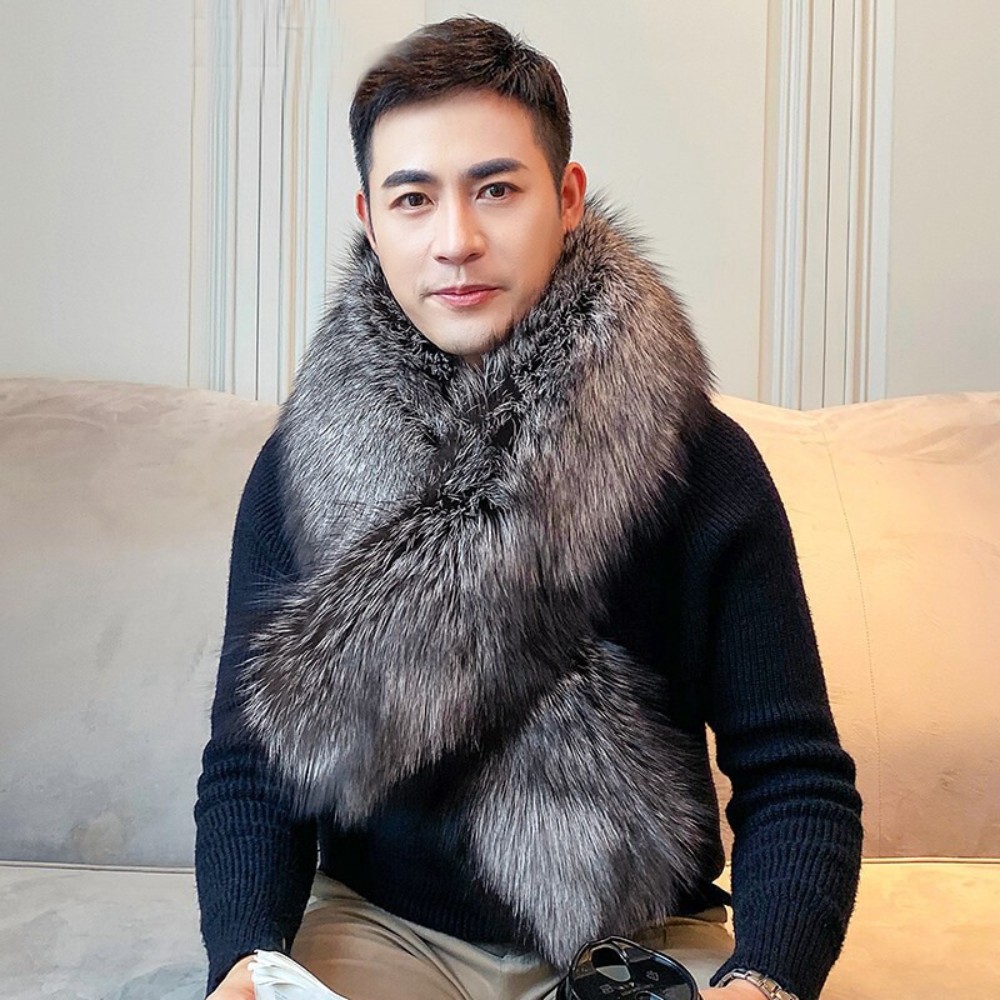 Men's Real Fox Fur Scarf Collar Warm Shawl Neckerchief Winter Silver Black