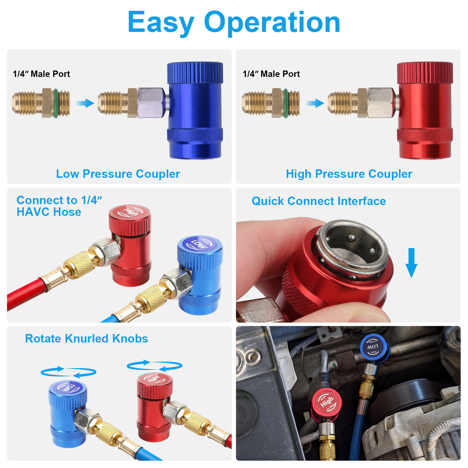 Car A/C R1234YF Quick Coupler Adapter Set with Self-Sealing & Puncture Can Tap