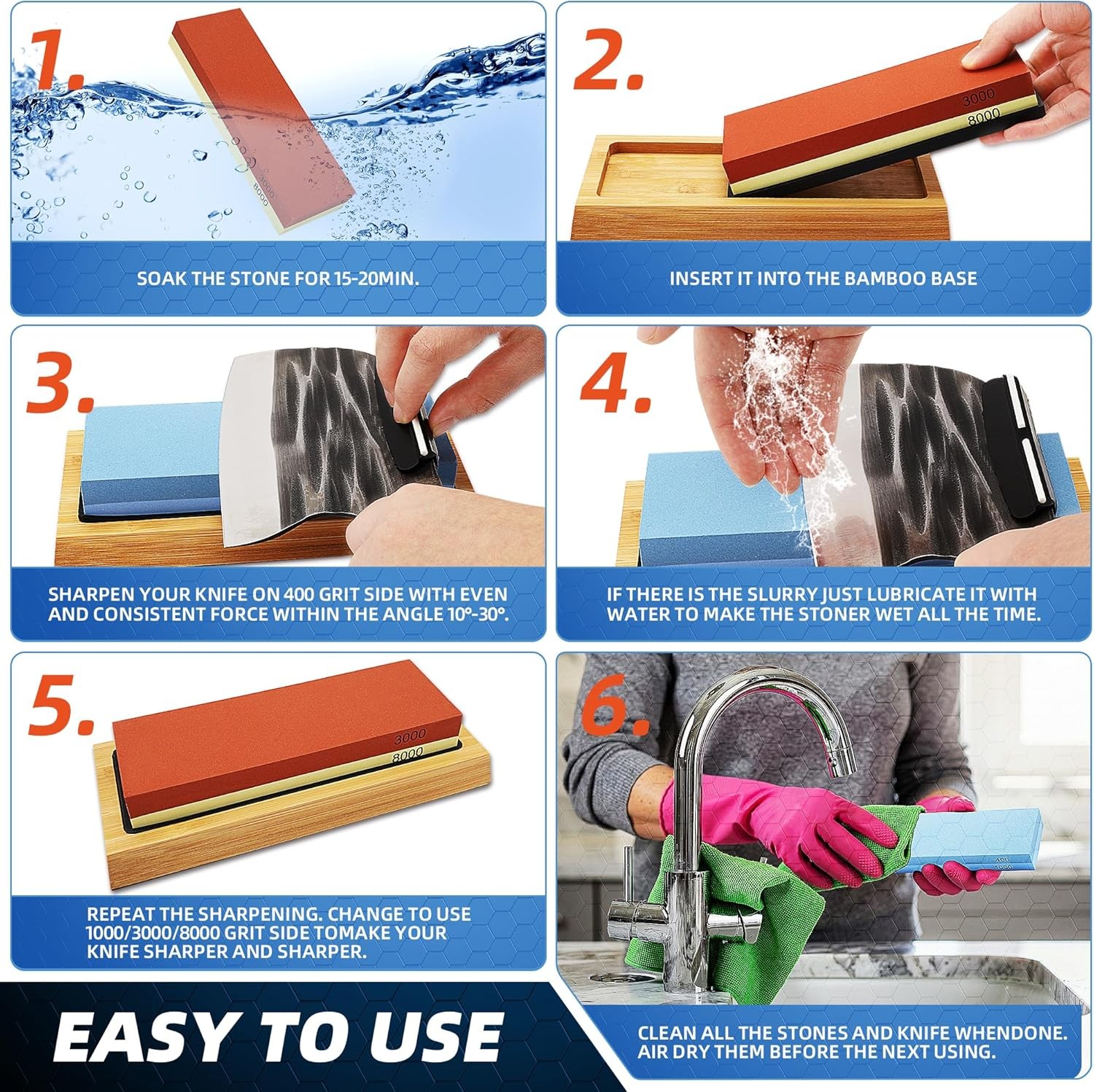 Knife Sharpening Stone Set Professional Whetstone 4 Side Grit 400/1000 3000/8000