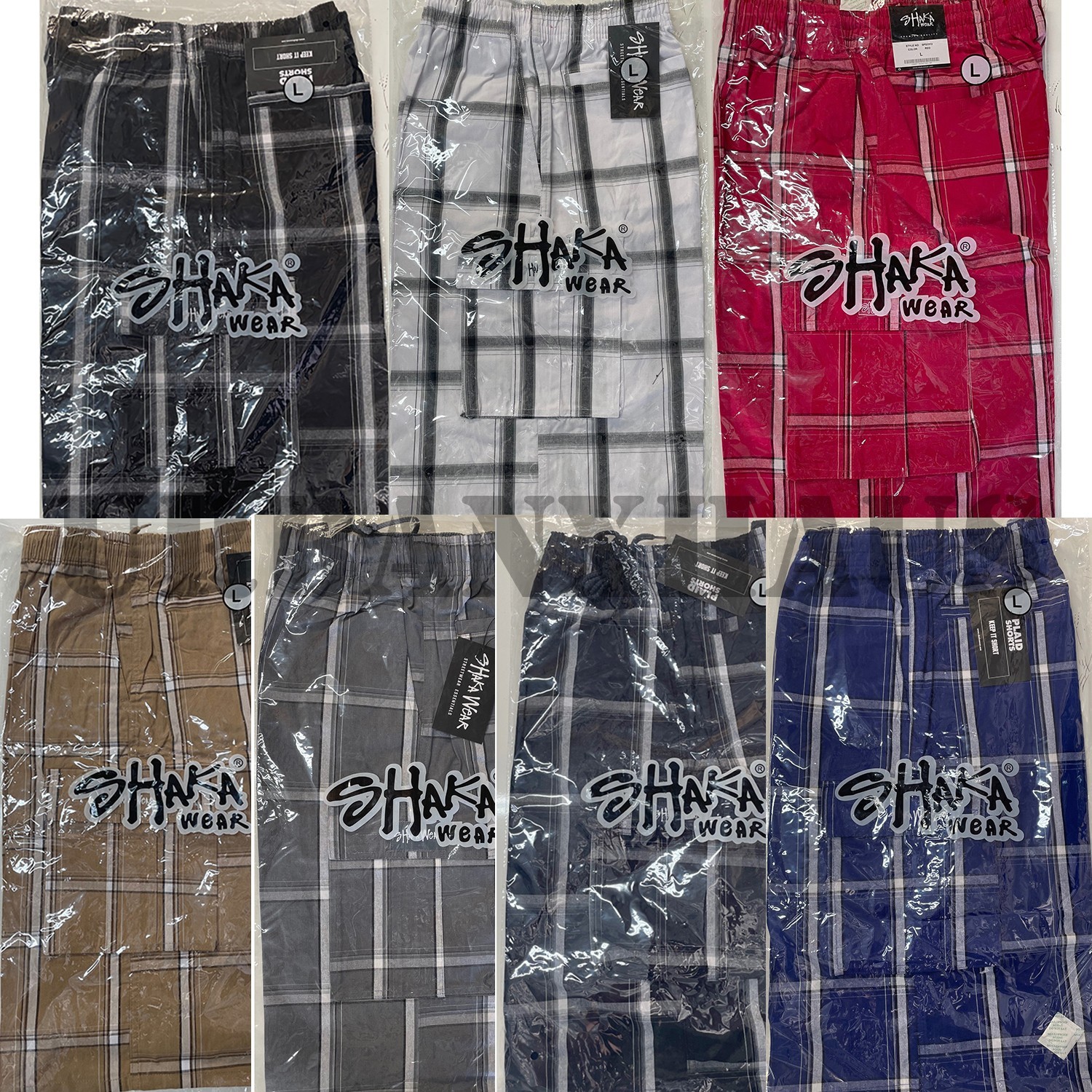 SHAKA WEAR PLAID CARGO SHORTS 8 COLOR (S to 5XL)