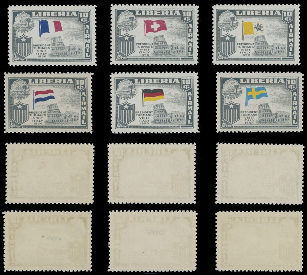 LIBERIA 1958 PRESIDENT'S VISITS 42 PERF STAMPS W/WRONG FLAGS SC#368-70, C114-17