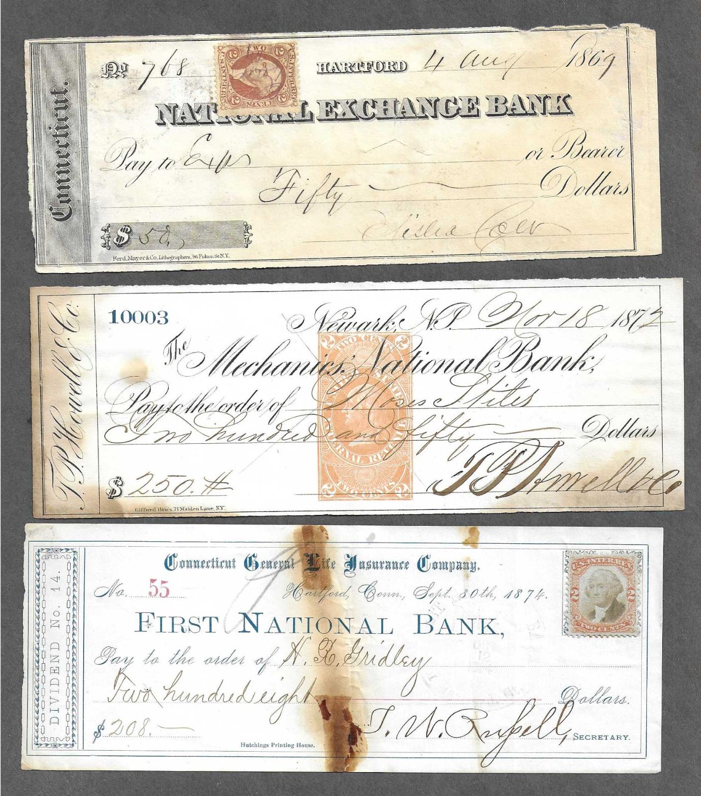 3 Bank Checks 1869-1874