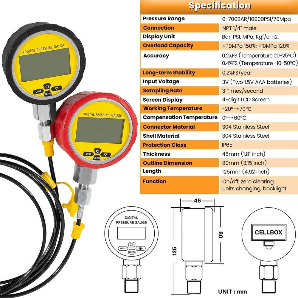 70M Digital Hydraulic Pressure Test Kit-2 Gauge 11 Coupling 2 Hose for Excavator