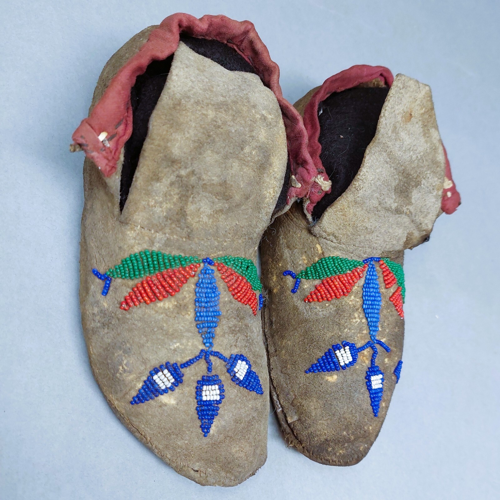 Santee Sioux Blue, Green, Red Childs Moccasins Ca: 1880 Sinew & Thread Sewn