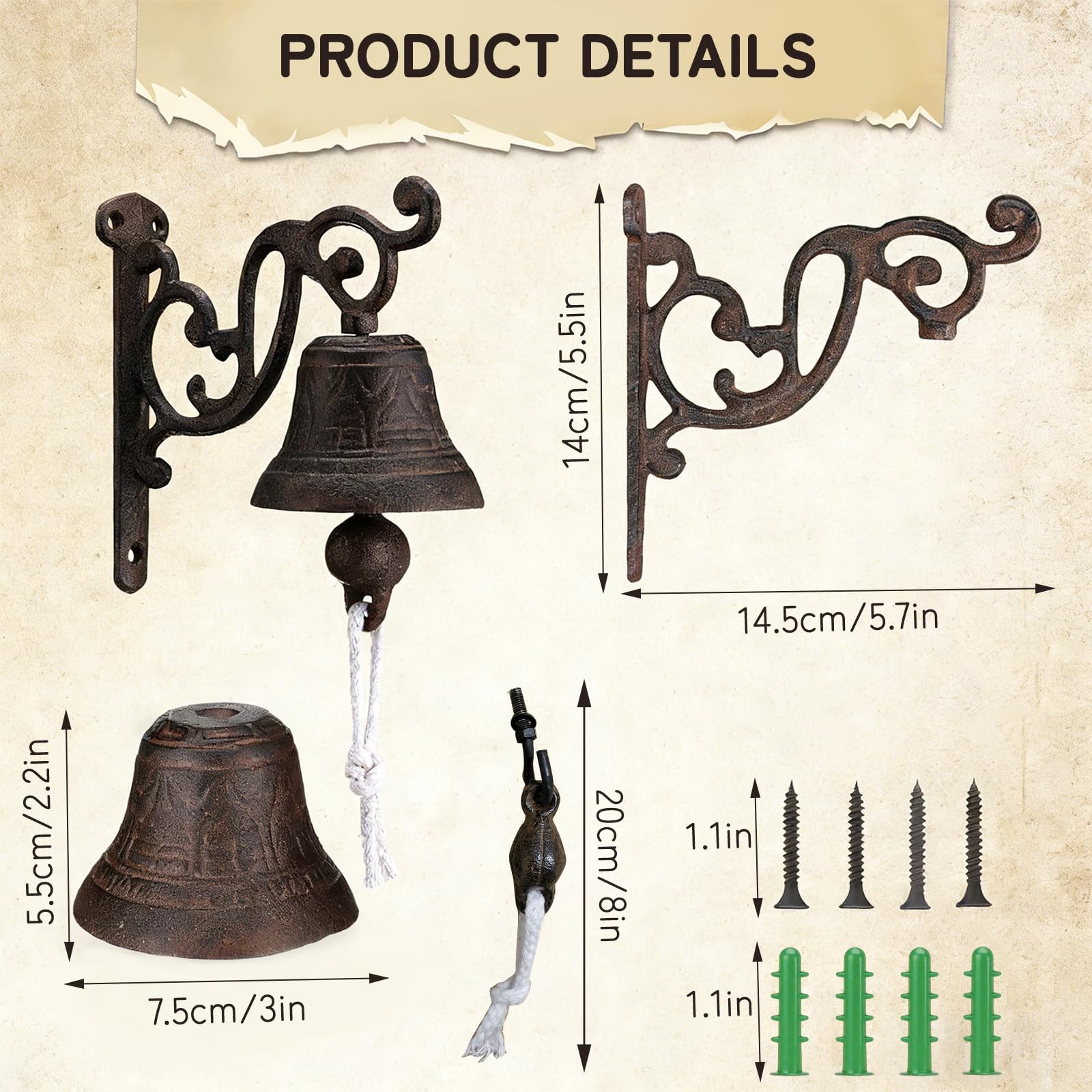 Outdoor Dinner Hanging Bell Cast Iron Duty Rustic Vintage Doorbell for Outsid...