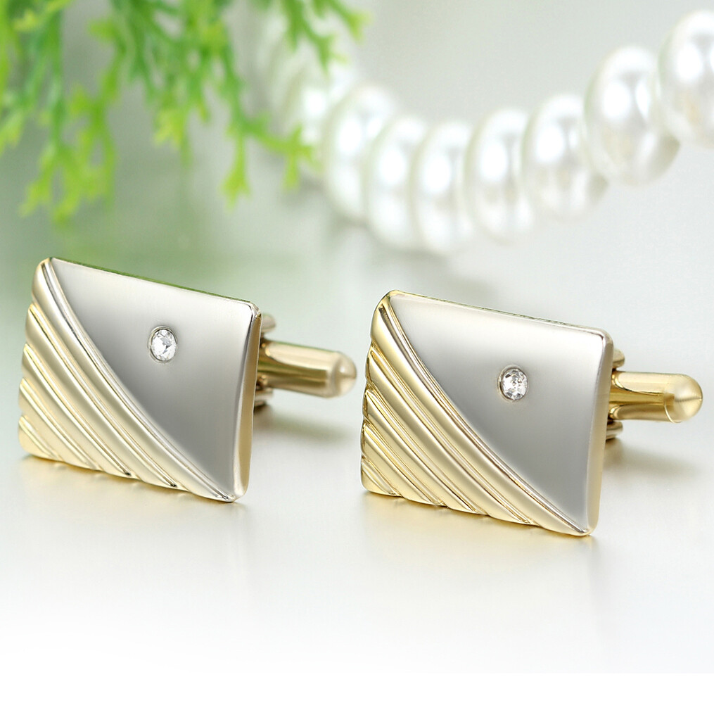 Polished Gold Tone Metal CZ Cufflinks Tie Bar Clasp Clip Set Men's Modish Gift