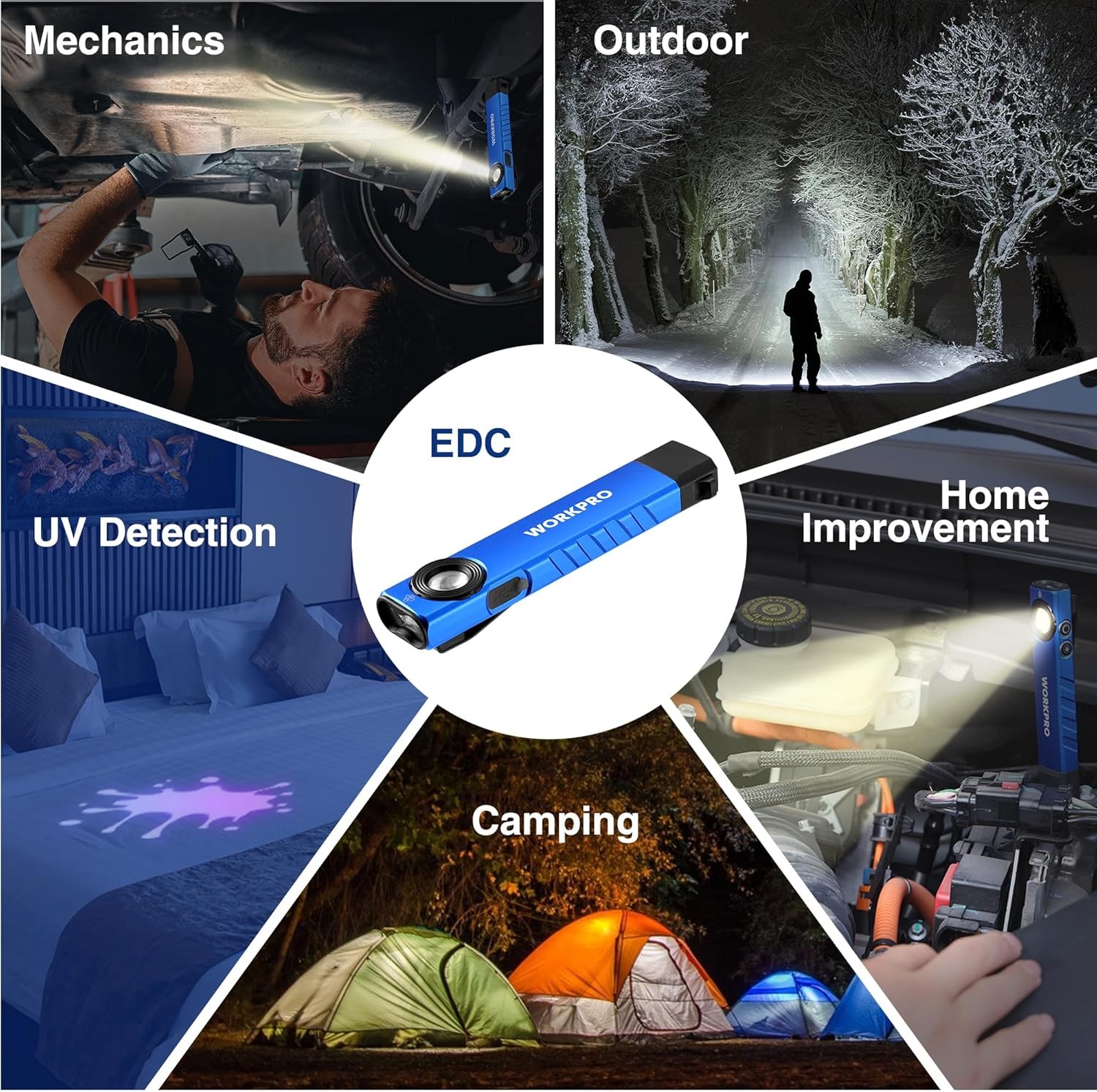 WORKPRO 600 Lumens Rechargeable LED Work Light Flat Pocket Flashlight w/UV Light