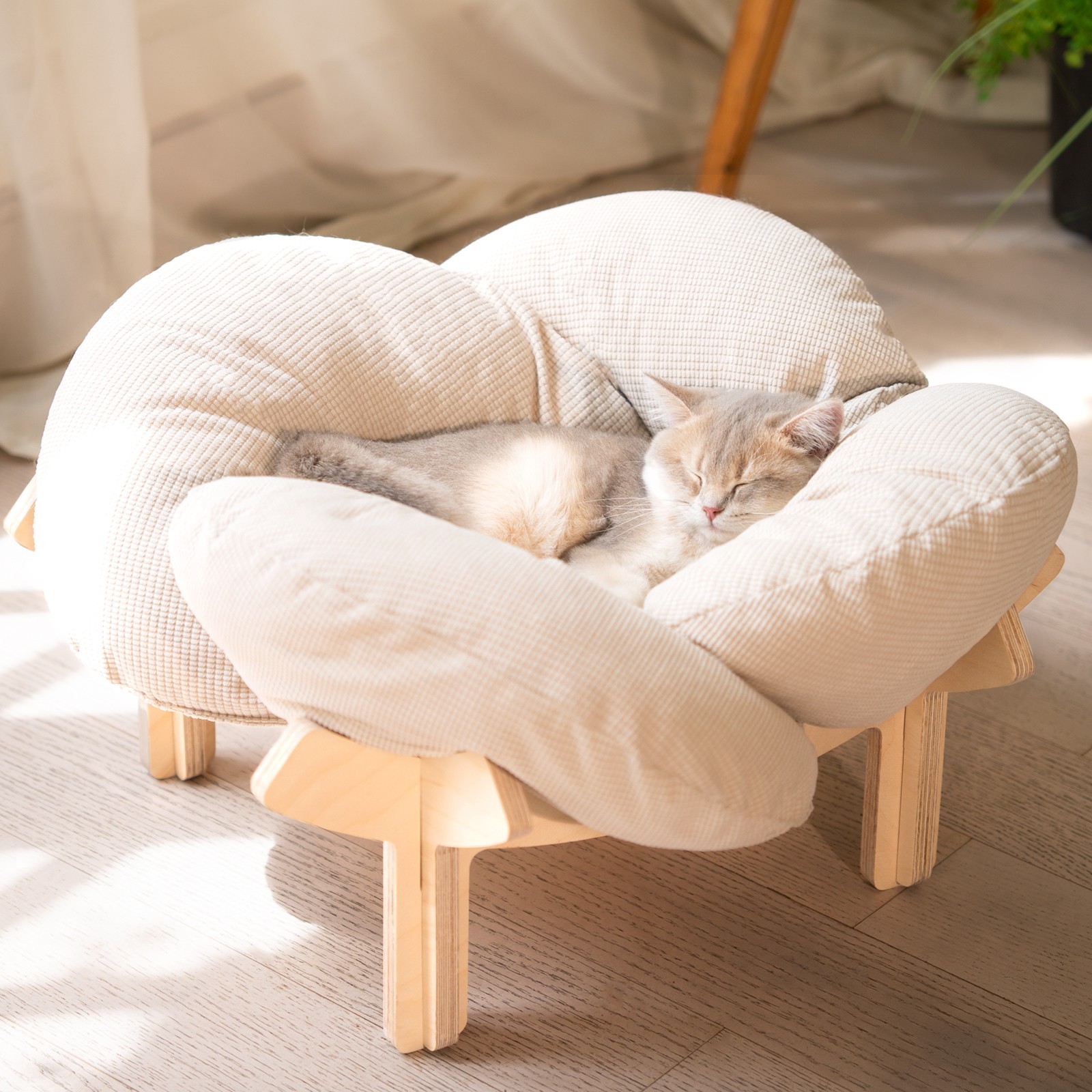 Elevated Cat Bed with Cushion, Wooden Cat Couch Sofa for Indoor