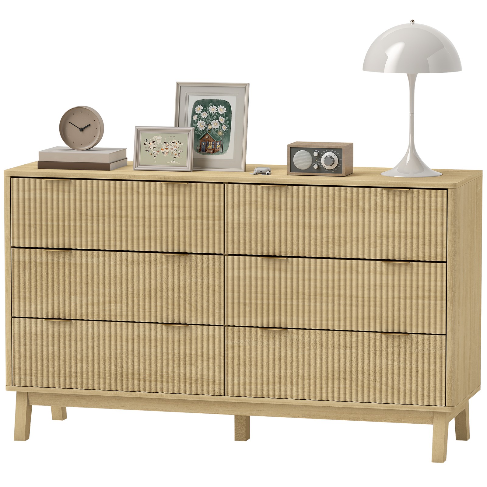 HOMCOM 6 Drawer Dresser for Bedroom, Fluted Chest of Drawers, Natural Wood