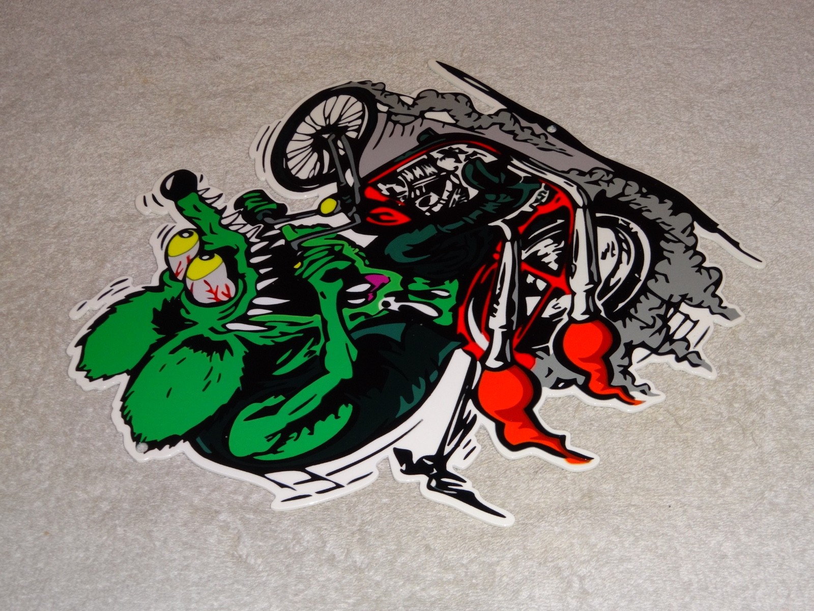 VINTAGE RATFINK RIDES MOTORCYCLE 12" PORCELAIN METAL RAT FINK GASOLINE OIL SIGN