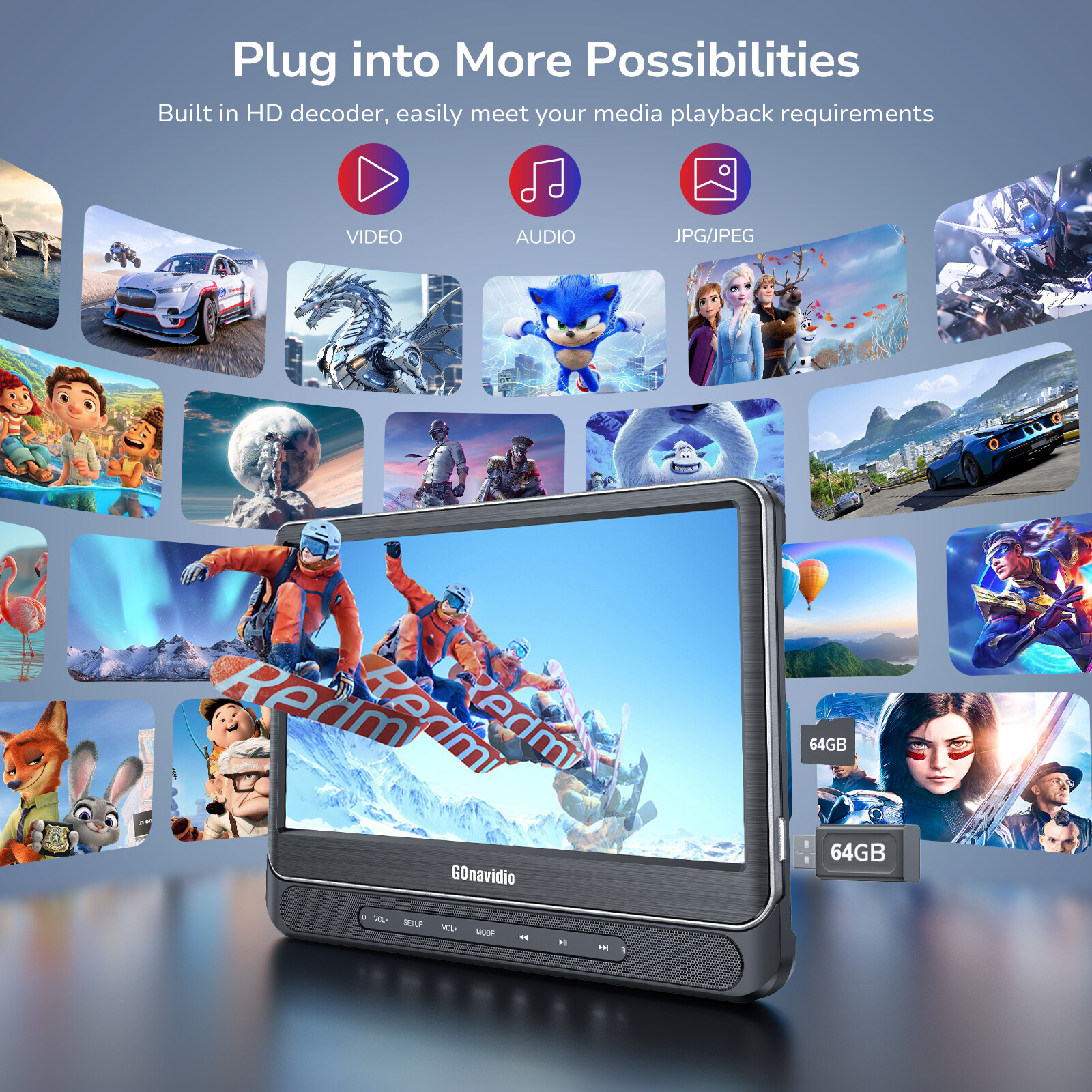 2 x 12 Inch Full HD Car Headrest Monitor TV DVD Media Player USB SD W/ Headsets[