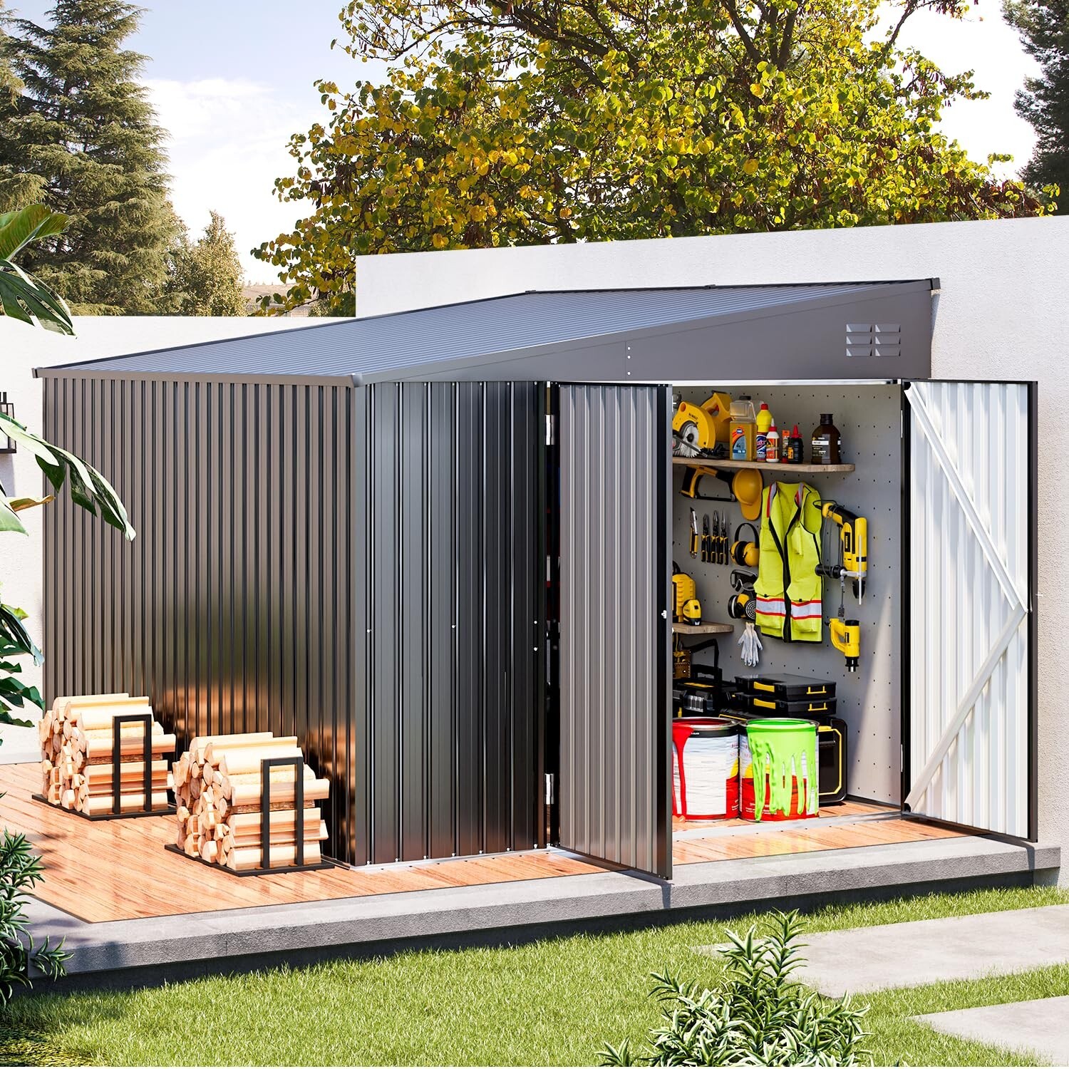 Lean to Garden Storage Shed Outdoor Metal Tool House w/ Lockable Door Multi-size