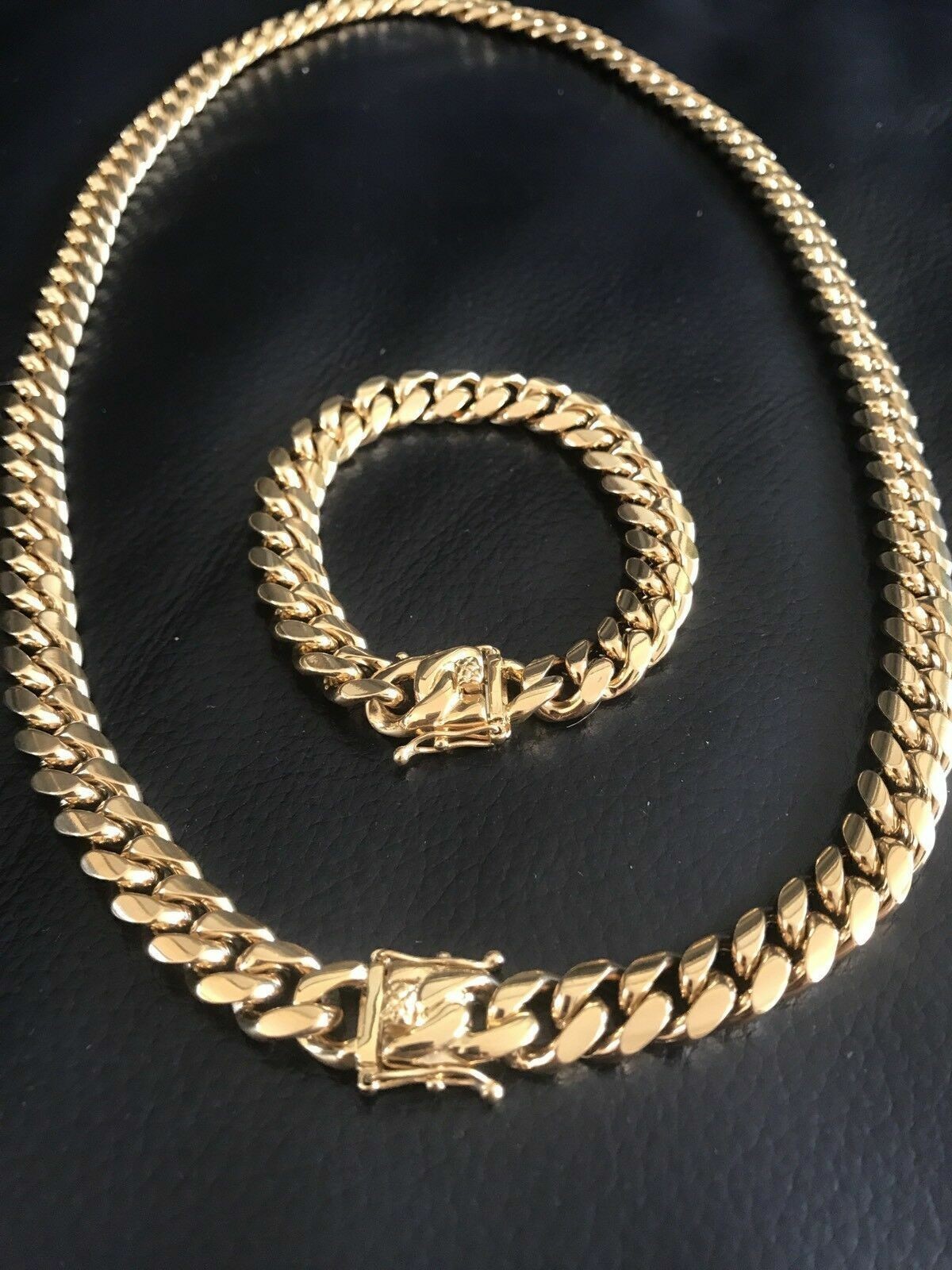 Men's Miami Cuban Link Bracelet&Chain Combo Set 14K Gold Plated Stainless Steel