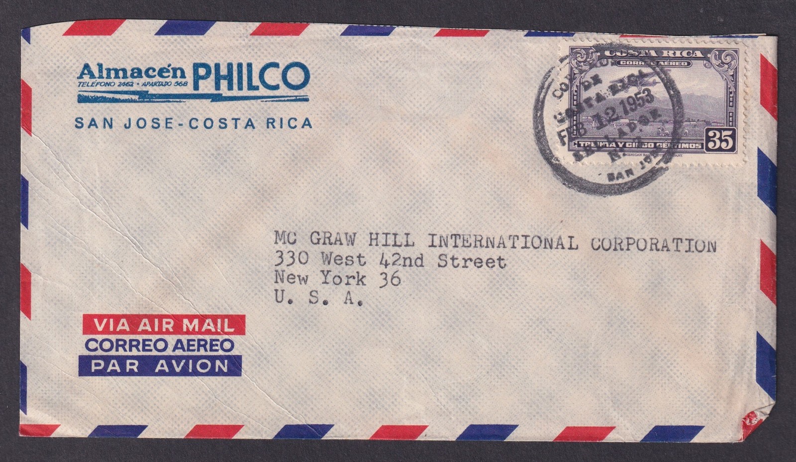 Costa Rica 1953 Air Mail cover San Jose to New York USA