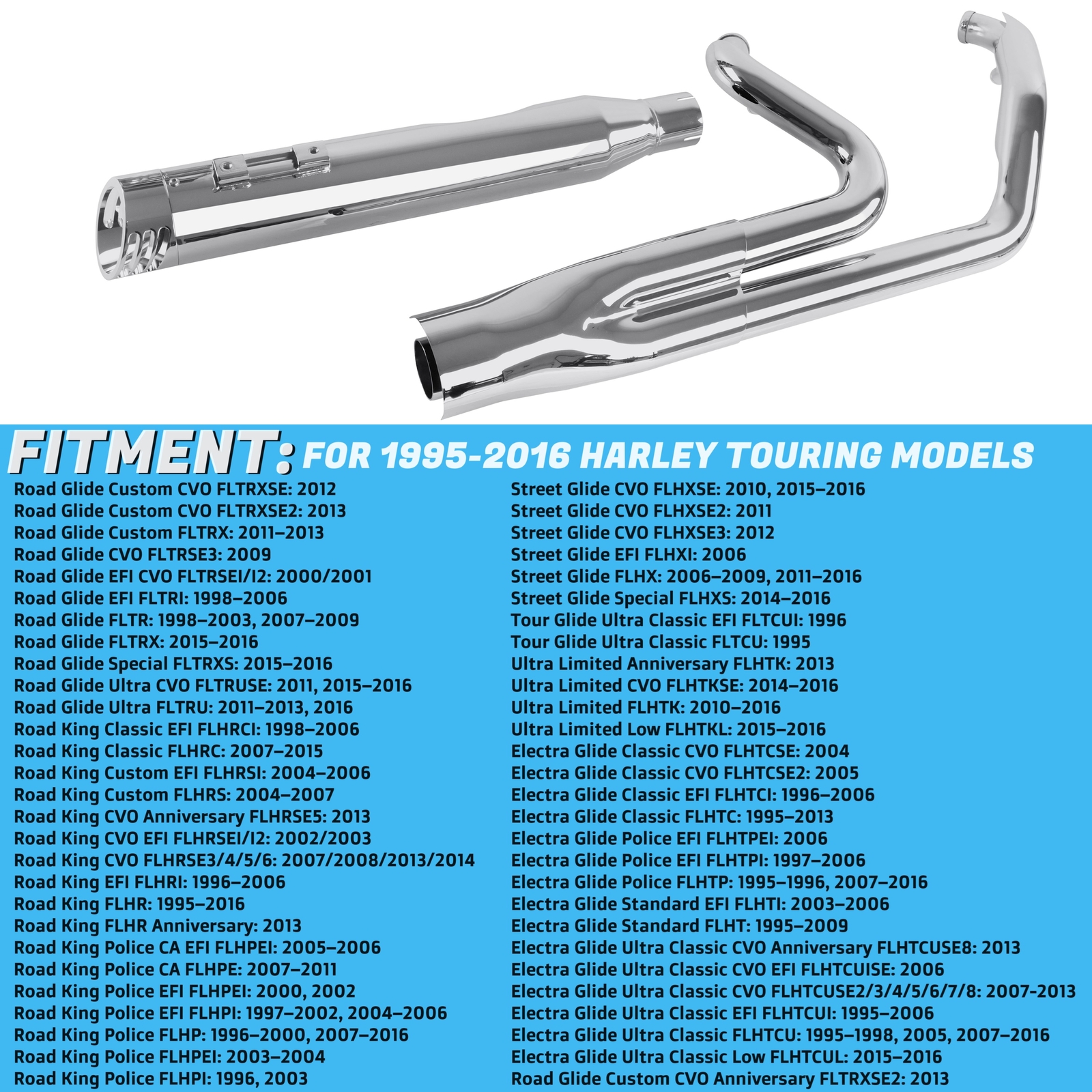 SHARKROAD Chrome 2 into 1 Exhaust Pipe 4" Muffler for Harley Touring 1995-2016